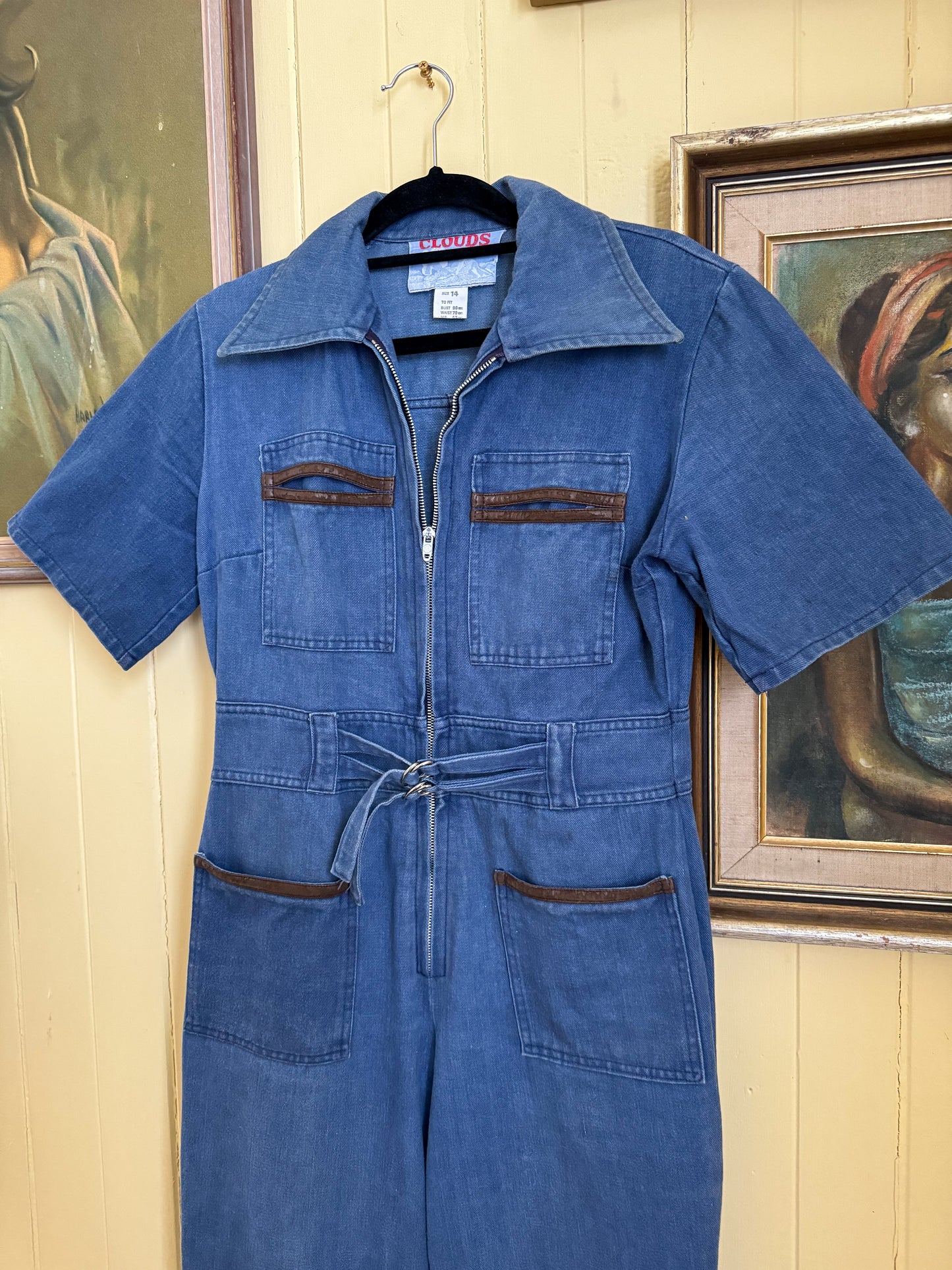 VINTAGE 1970S CLOUDS COTTON DENIM WIDE LEG JUMPSUIT XS/S