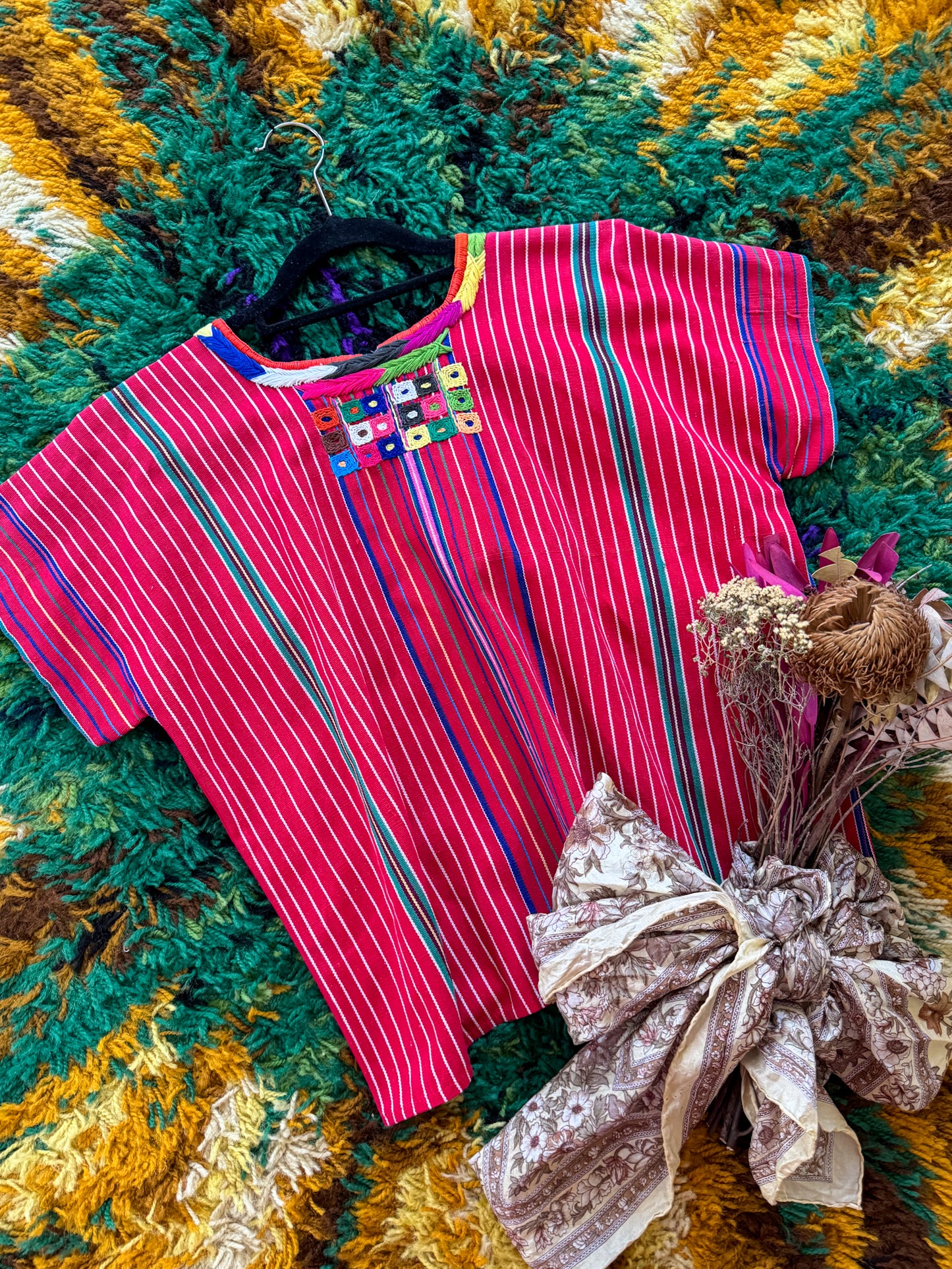 VINTAGE GUATEMALAN EMBROIDERED STRIPED COTTON HANDLOOM HUIPIL TOP S/M
