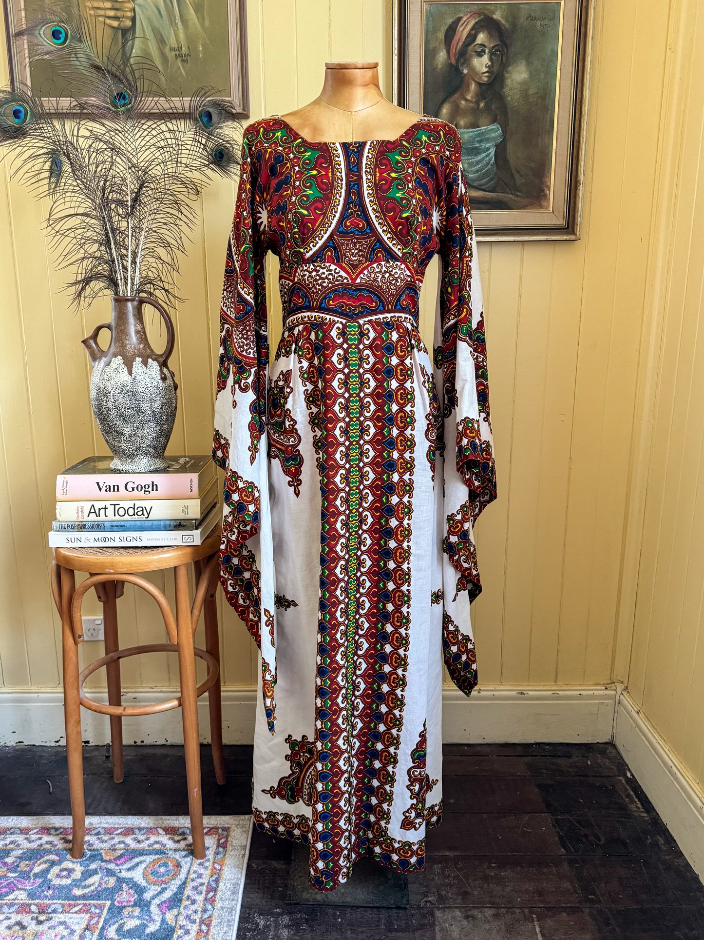 VINTAGE 1970S TWIGA BOU BOUDIMA COTTON PRINT ANGEL SLEEVE MAXI DRESS S