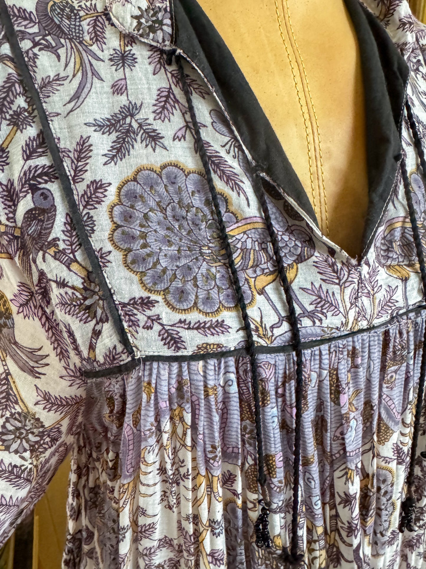 VINTAGE 1970S INDIAN COTTON GAUZE BLOCK PRINT MIDI DRESS S/M