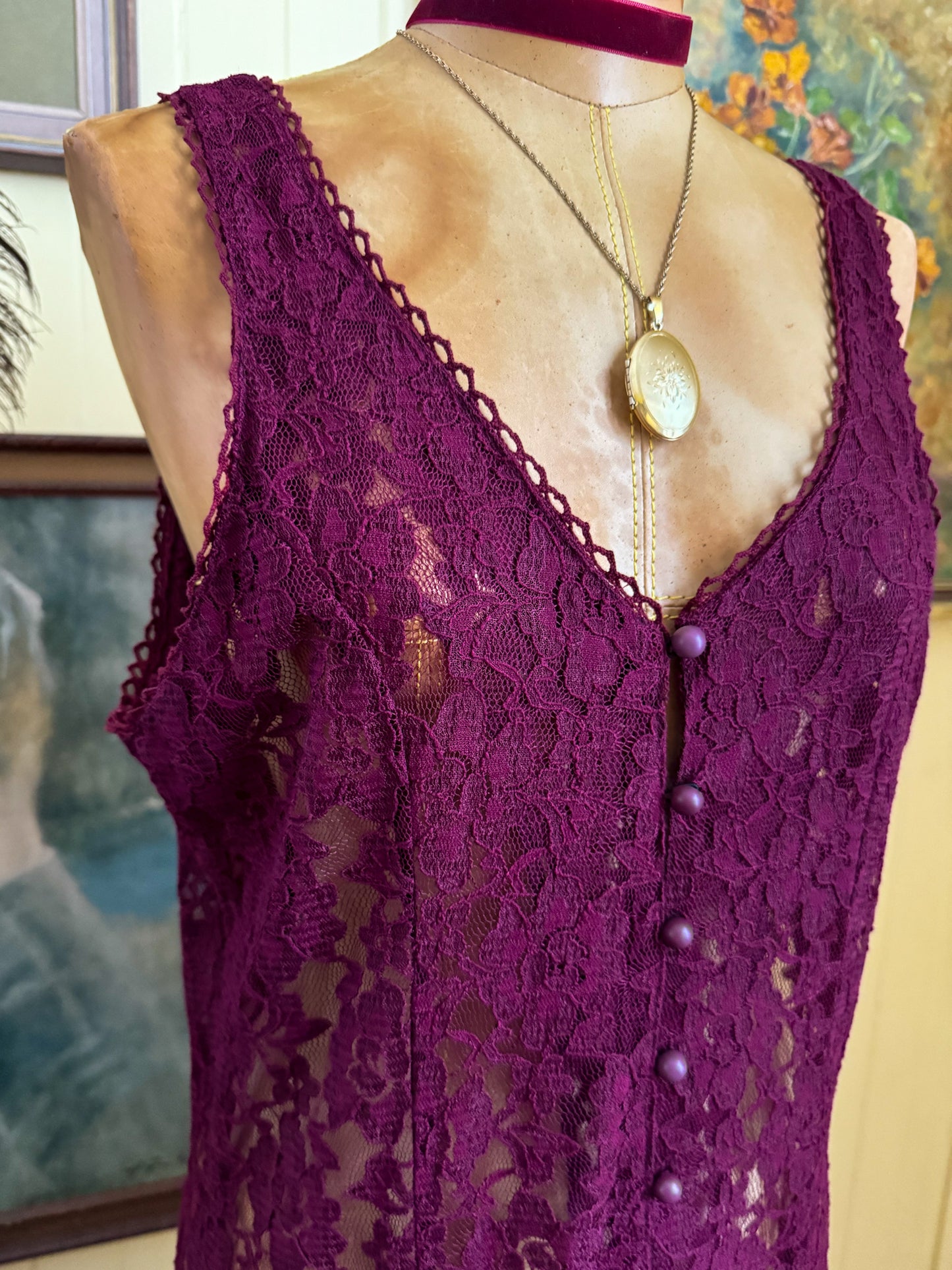 VINTAGE 1990S BURGUNDY LACE SLEEVELESS MAXI DUSTER DRESS M/L