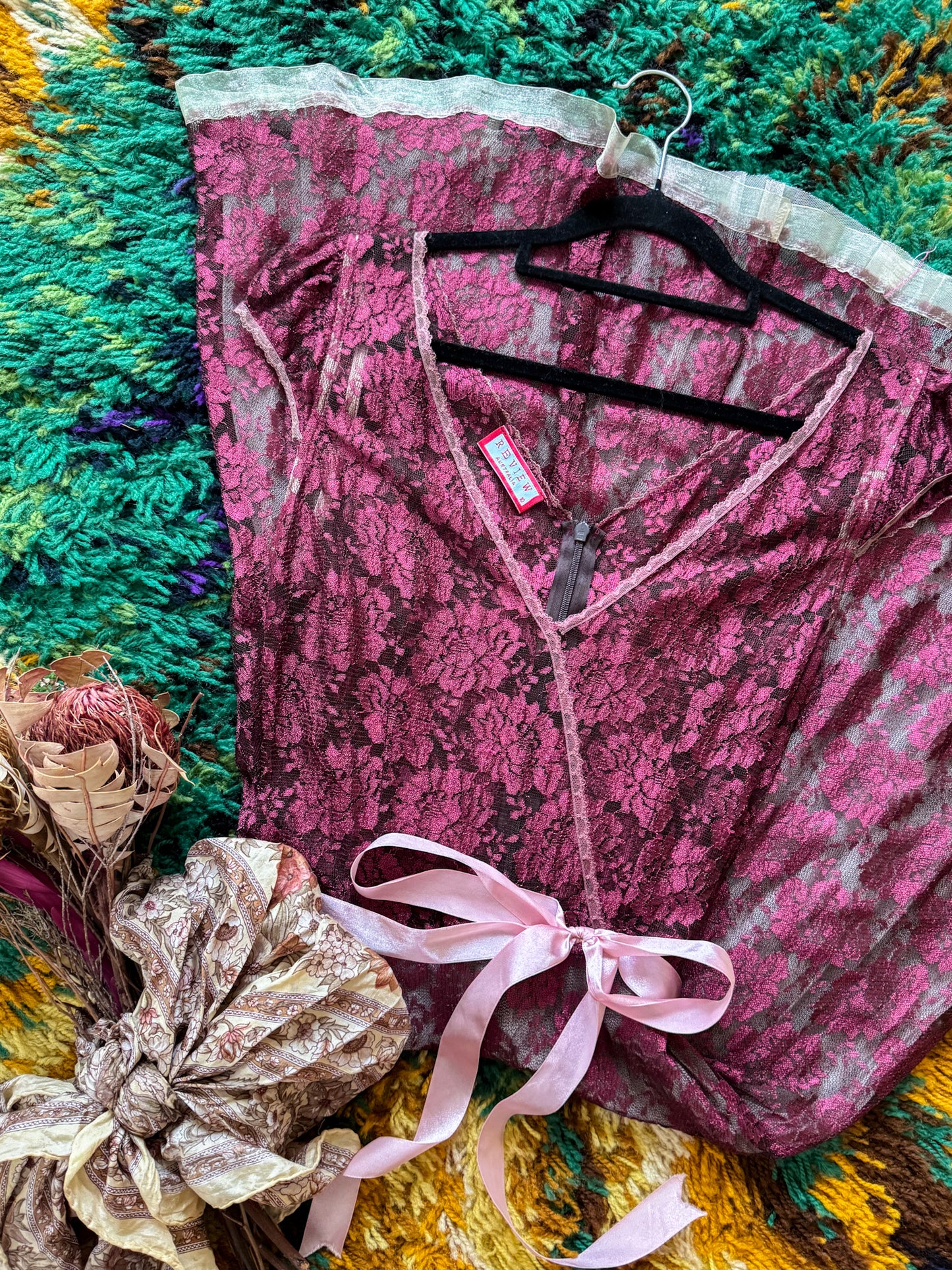 VINTAGE 1990S AUSTRALIAN REVIEW SHEER LACE TULLE RIBBON MIDI DRESS S