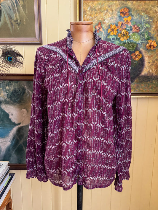 VINTAGE 1970S INDIAN COTTON LUREX BLOCK PRINT BUTTON THROUGH BLOUSE S