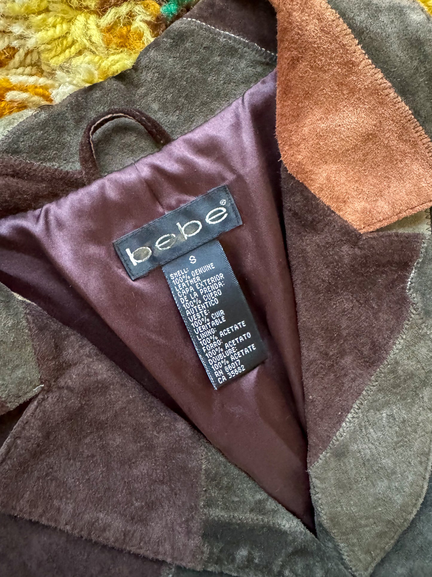 VINTAGE 1990S BEBE SUEDE LEATHER PATCHWORK TRENCH JACKET COAT S/M