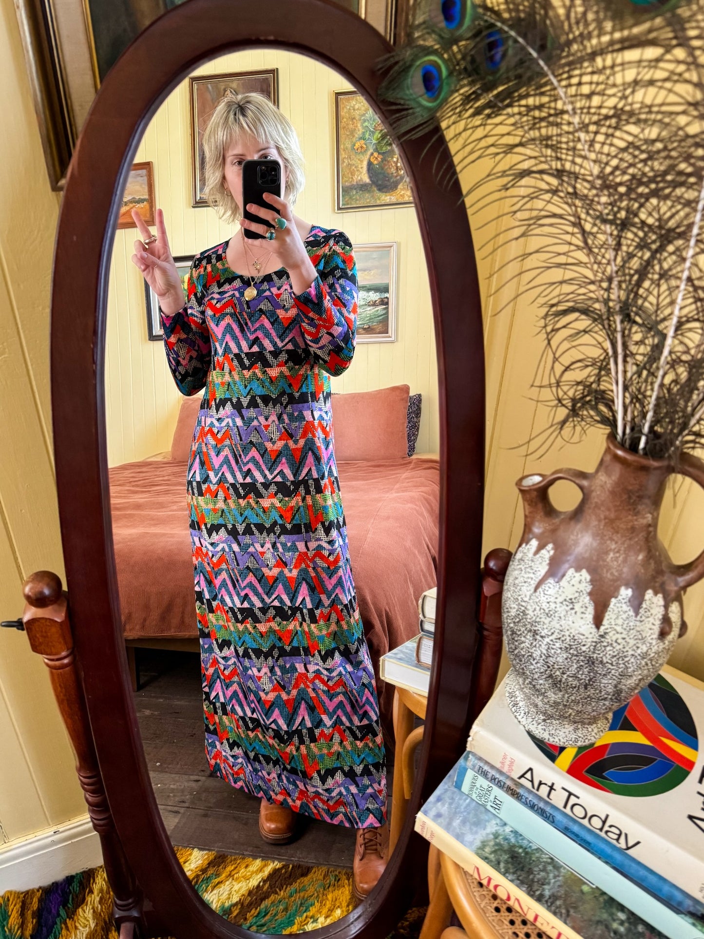 VINTAGE 1990S MAGLIA VELVET RAINBOW CHEVRON MAXI DRESS M/L