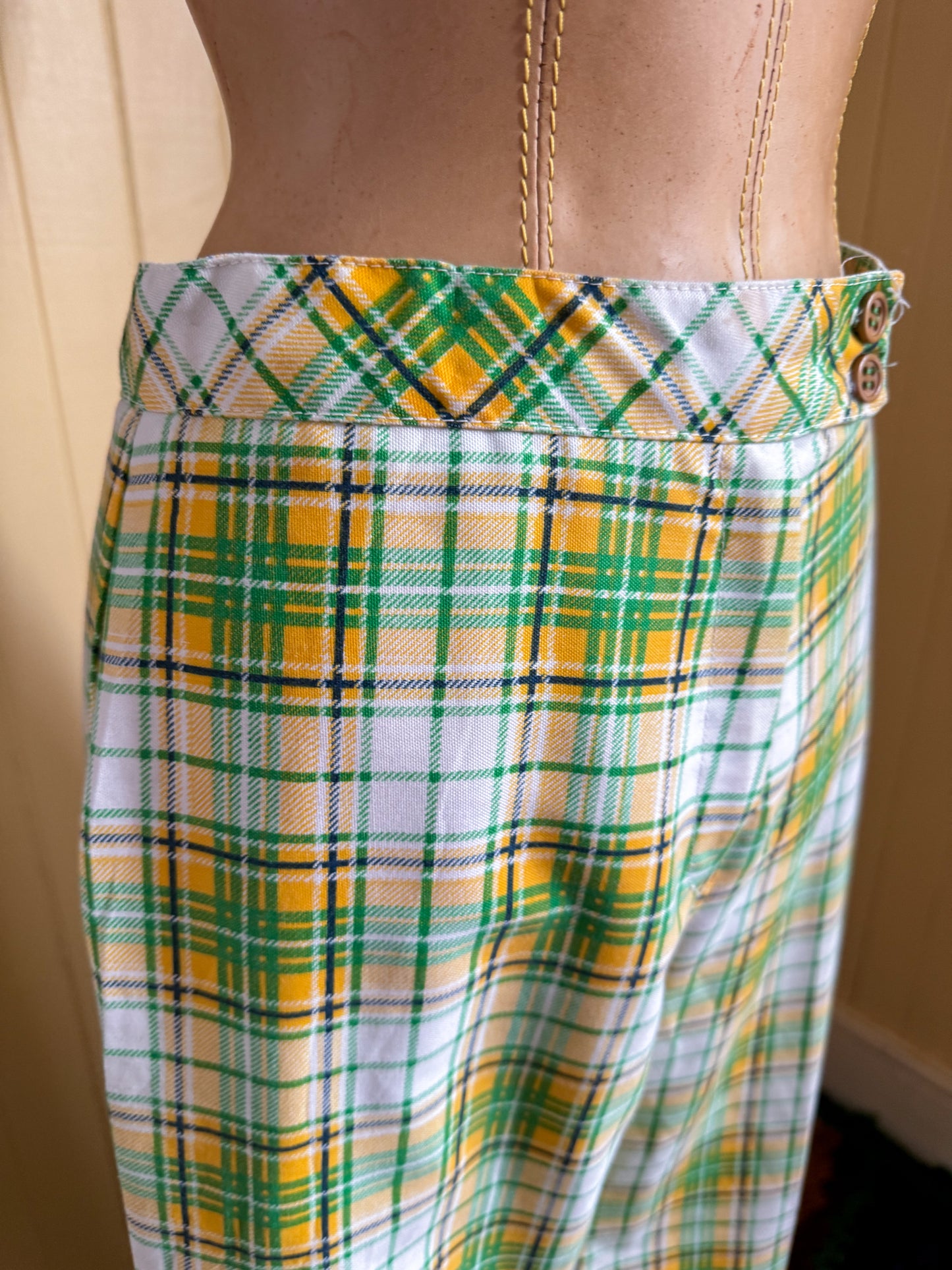VINTAGE 1970S BRONSONS OF CALIFORNIA WOVEN PLAID WIDE LEG CUFFED PANTS M