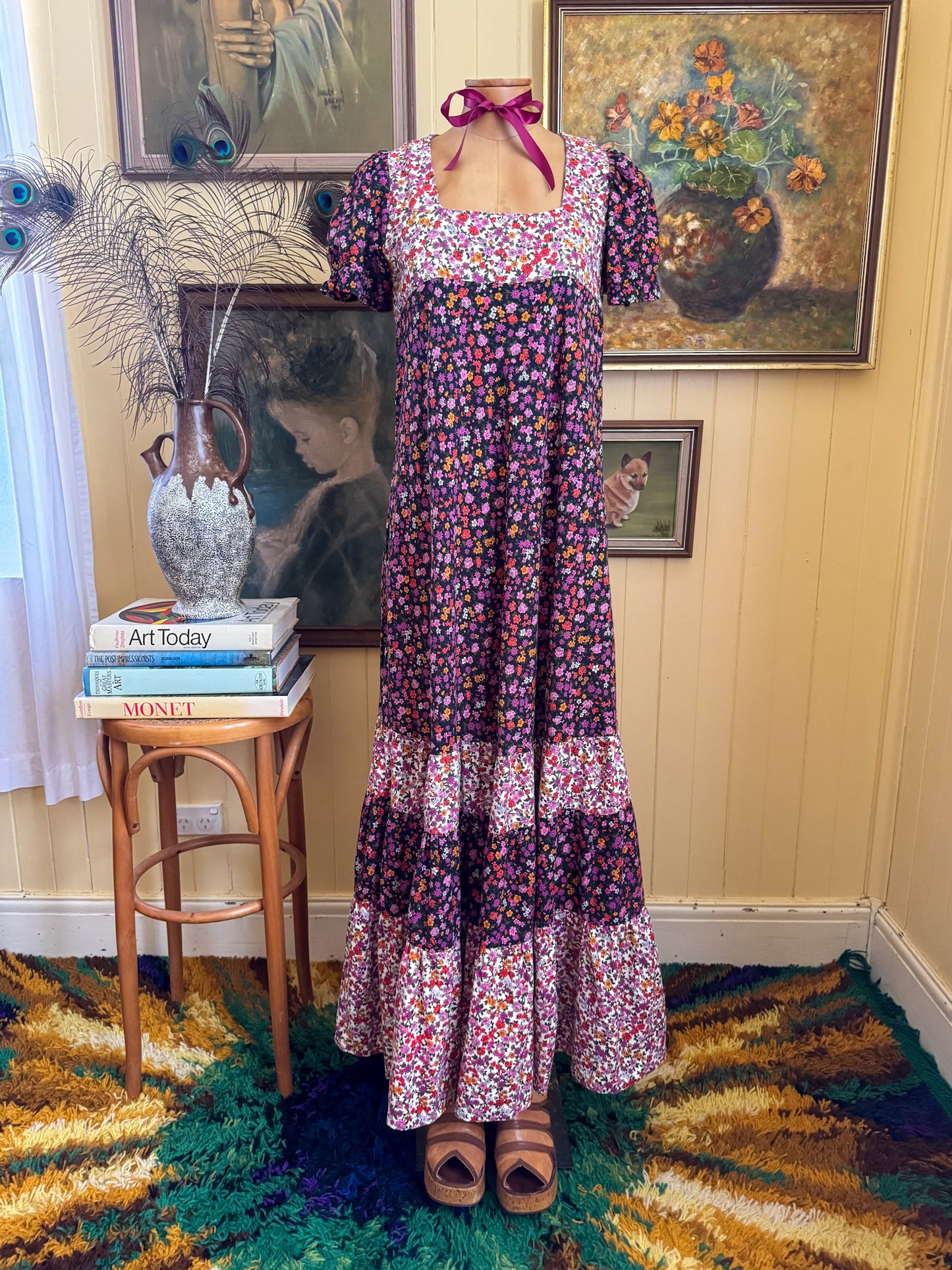 VINTAGE 1970S ST TROPEZ COTTON FLORAL PRINT TIERED MAXI DRESS S