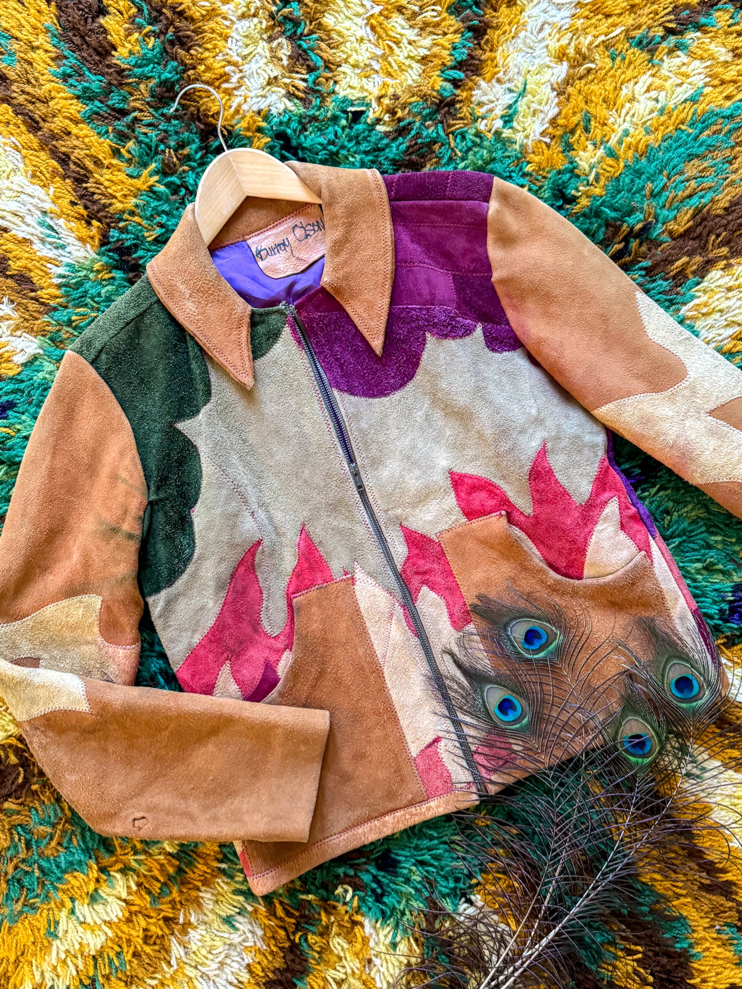 VINTAGE 1970S RARE BURRAY OLSON HAND PAINTED SUN PATCHWORK SUEDE LEATHER JACKET M