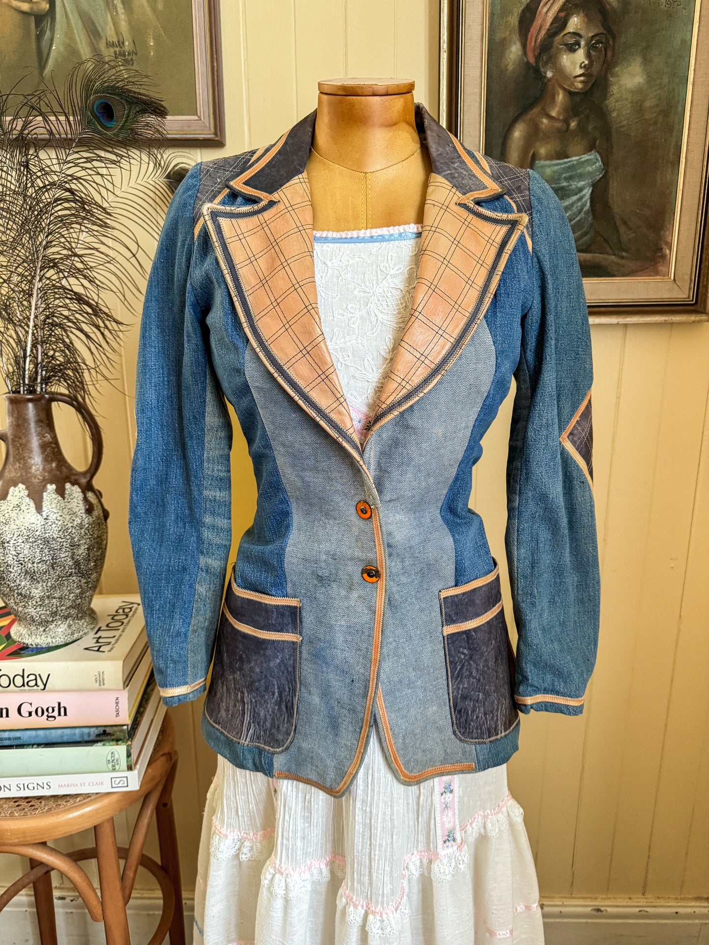 VINTAGE 1970S MIUZA FRANCE DENIM AND LEATHER BLAZER JACKET XS