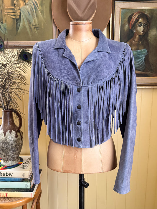 VINTAGE 1980S AUSTRALIAN IN ACTION PURPLE SUEDE TASSELLED WESTERN JACKET S/M