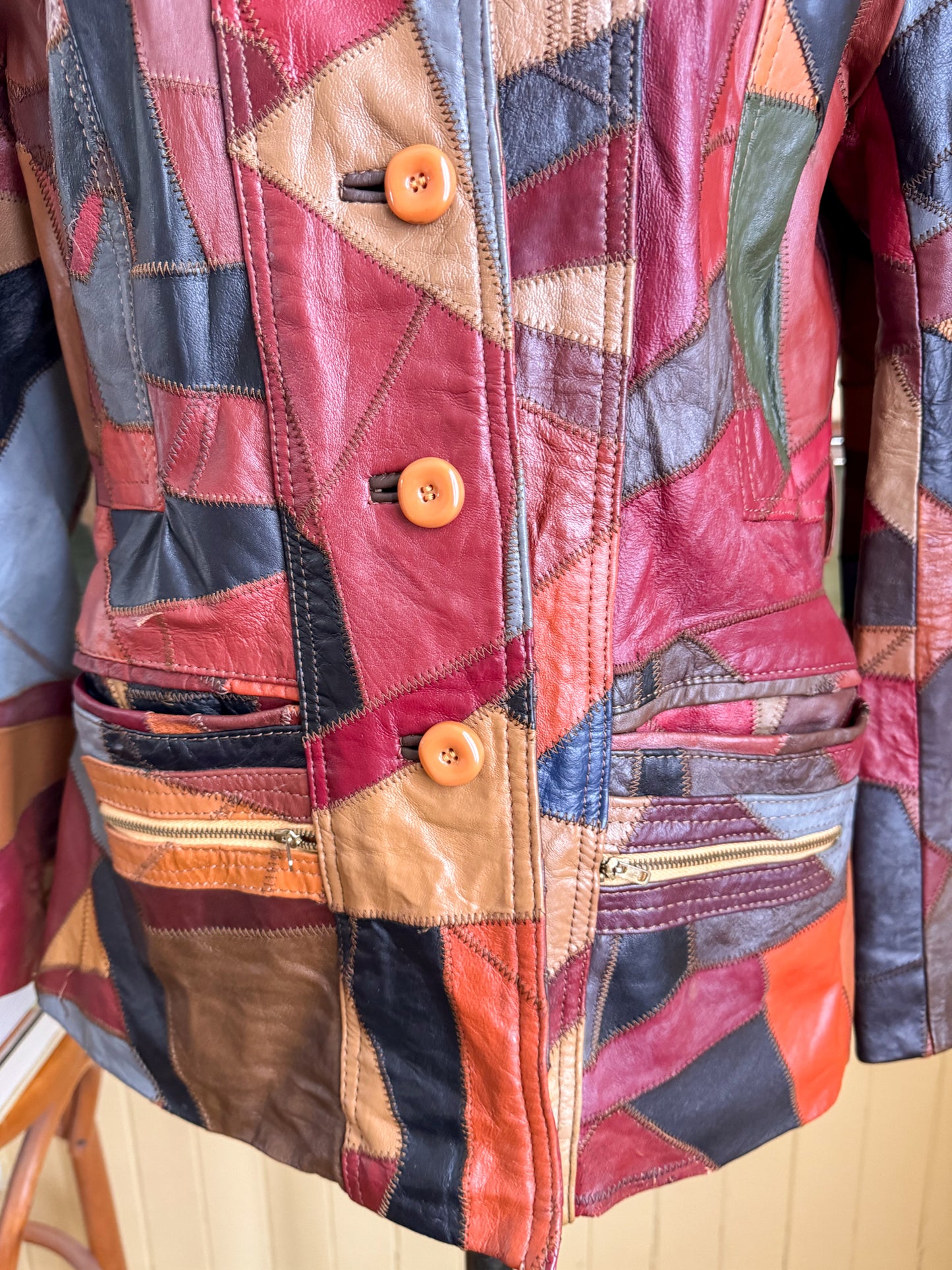 VINTAGE 1970S KOREAN PATCHWORK LEATHER BLAZER JACKET S/M