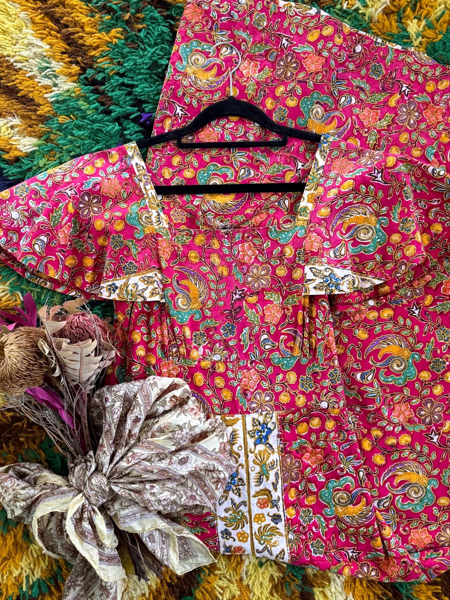 VINTAGE 1970S JAPANESE COTTON BATIK PRINT MAXI PEASANT DRESS S/M