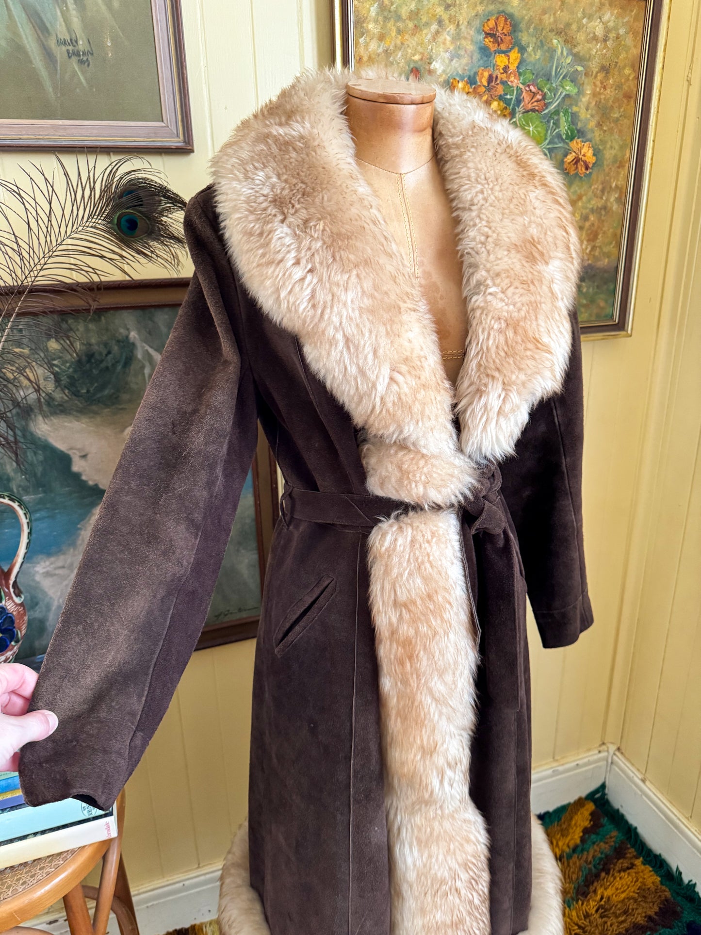 VINTAGE 1970S CHOCOLATE BROWN SUEDE LEATHER LONGLINE PENNY LANE SHEARLING COAT S