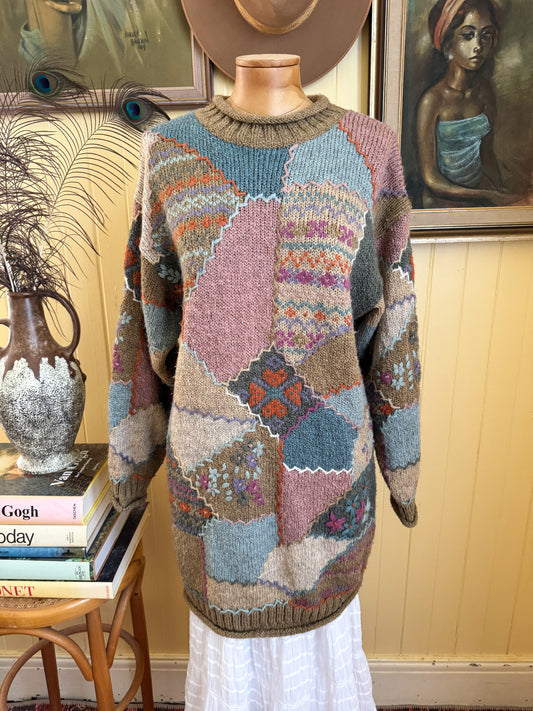 VINTAGE SUSSAN WOOL BLEND PATCHWORK KNIT GRANDMACORE JUMPER M