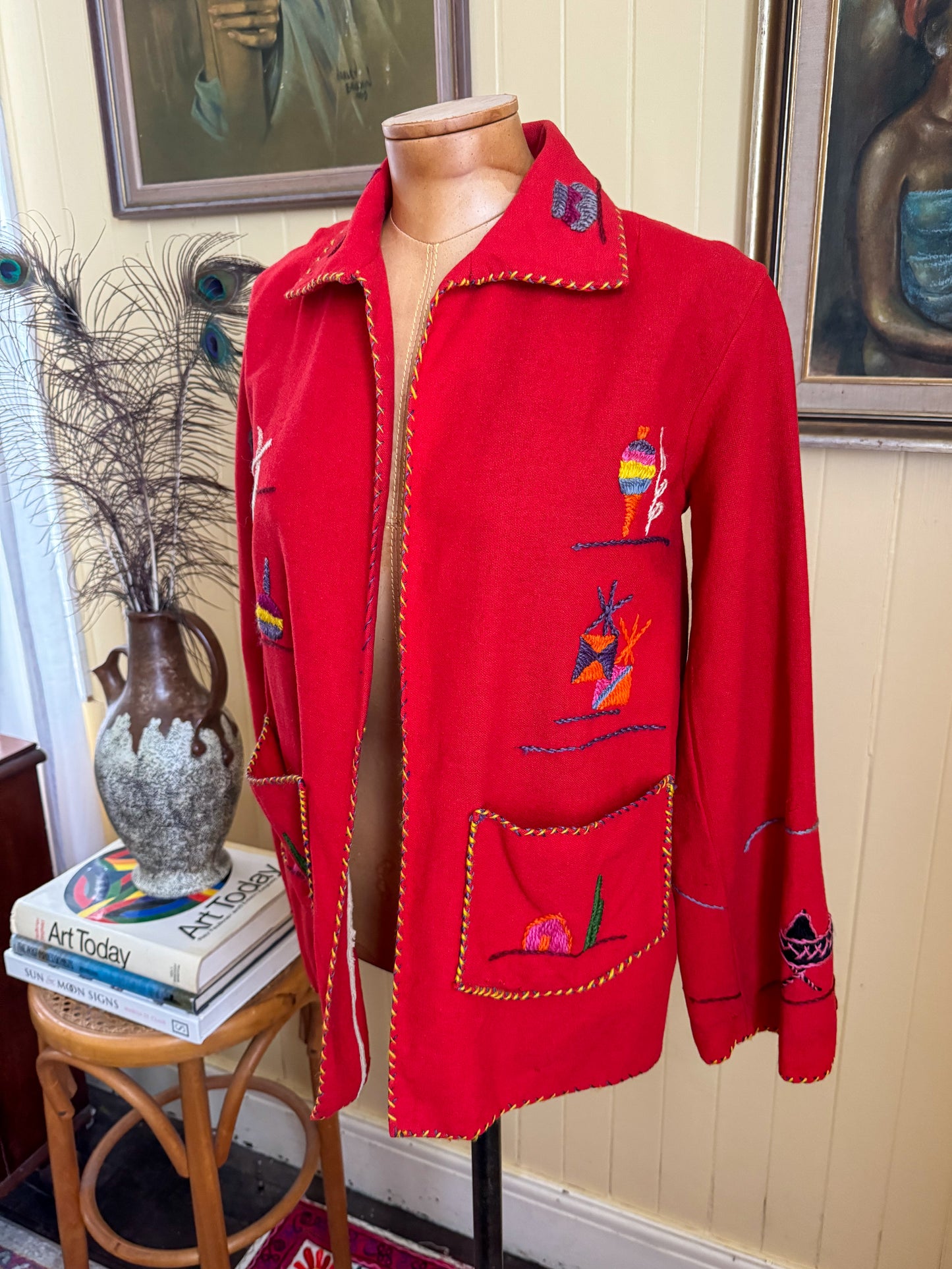 VINTAGE 1950S MEXICAN WOOL EMBROIDERED SOUVENIR TOURIST JACKET XS/S