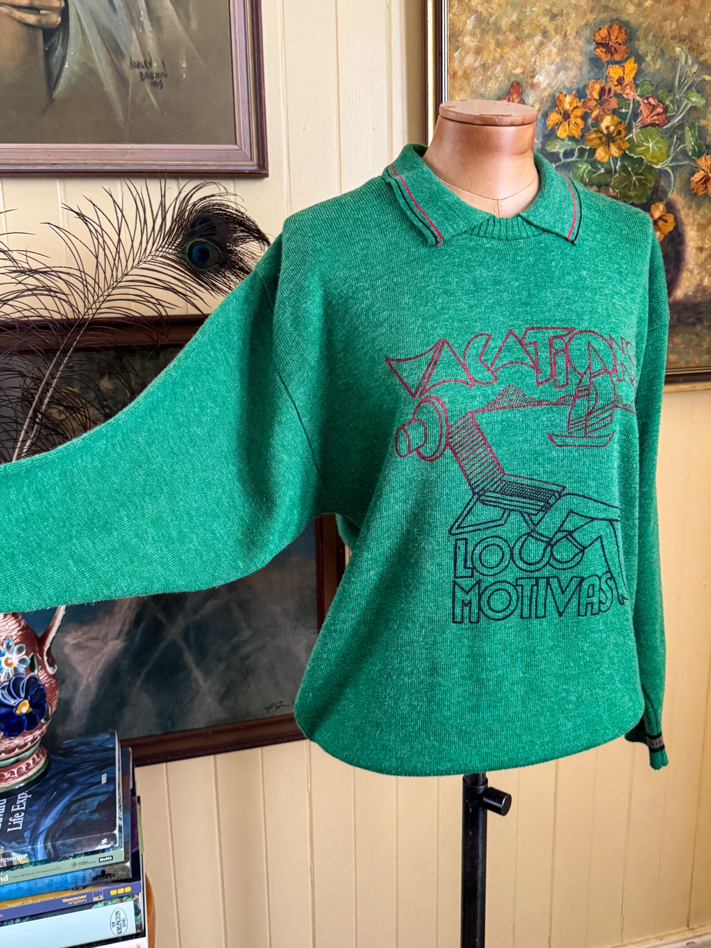 VINTAGE 1970S OSWAL ROSYWOOL SPORTSWEAR ‘VACATION’ PRINT WOOLLEN LONG SLEEVE KNIT JUMPER M