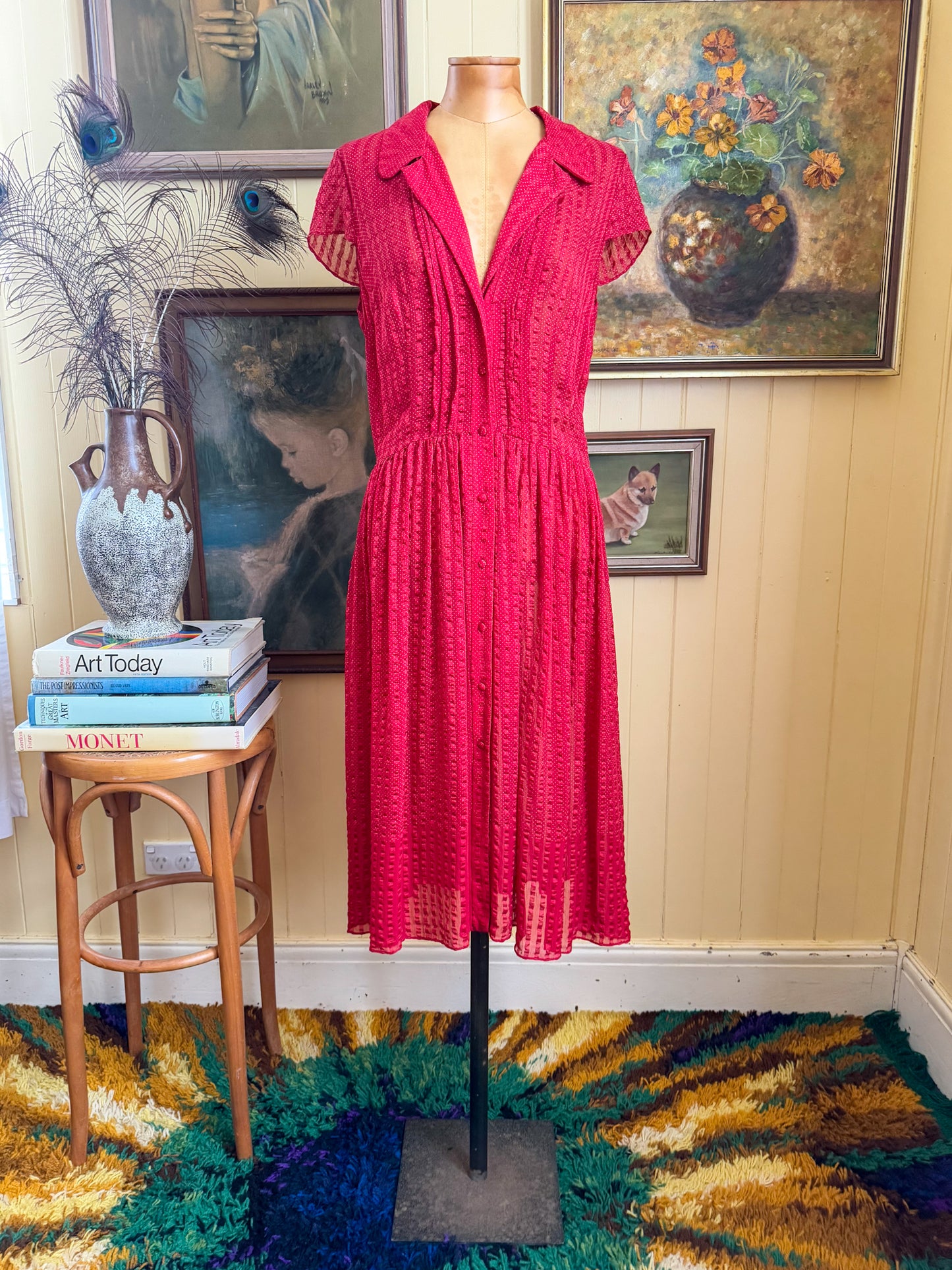 VINTAGE 1990S BRACEWELL SILK SHEER STRIPED MIDI SHIRT DRESS S/M