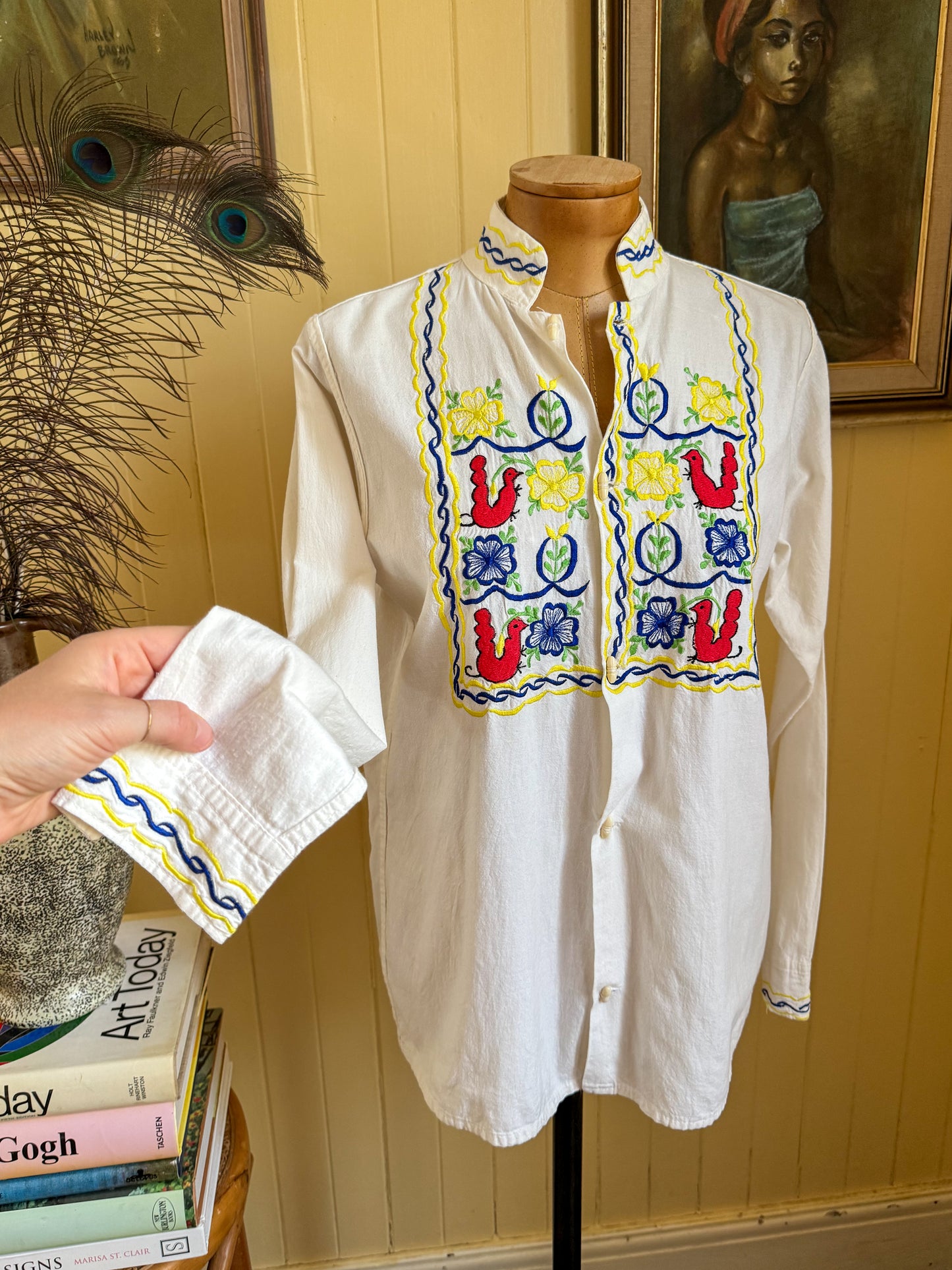 VINTAGE 1970S MEXICAN COTTON EMBROIDERED BUTTON THROUGH SHIRT M