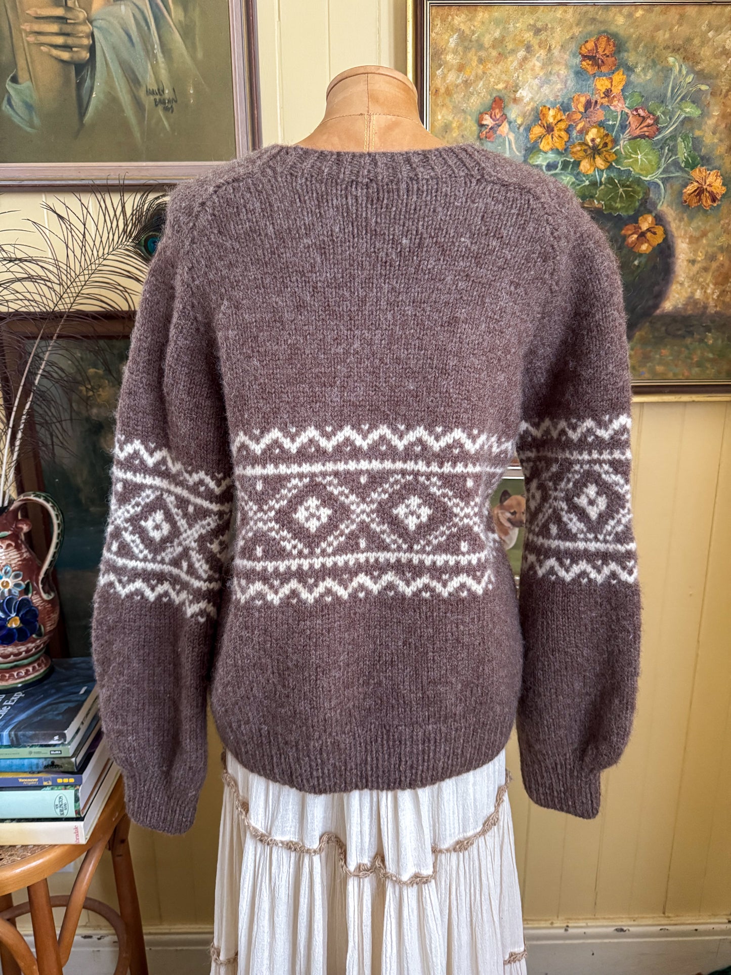 VINTAGE HANDMADE COCOA BROWN WOOLLEN MOTIF KNIT JUMPER S/M