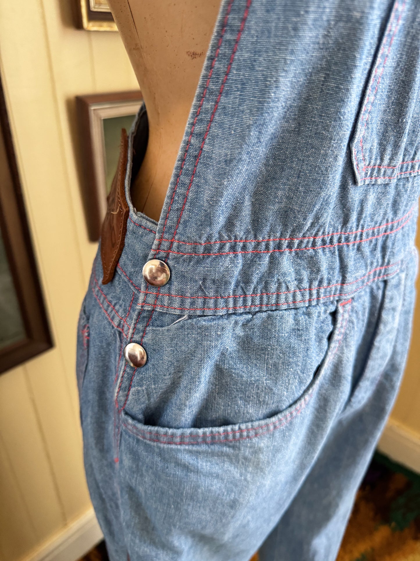 VINTAGE 1970S AMCO COTTON DENIM KICK FLARE DUNGAREES OVERALLS XS/S