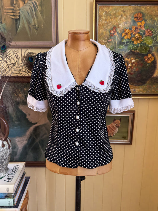 VINTAGE 1970S BINDI OF MELBOURNE POLY POLKA DOT COLLARED BLOUSE M