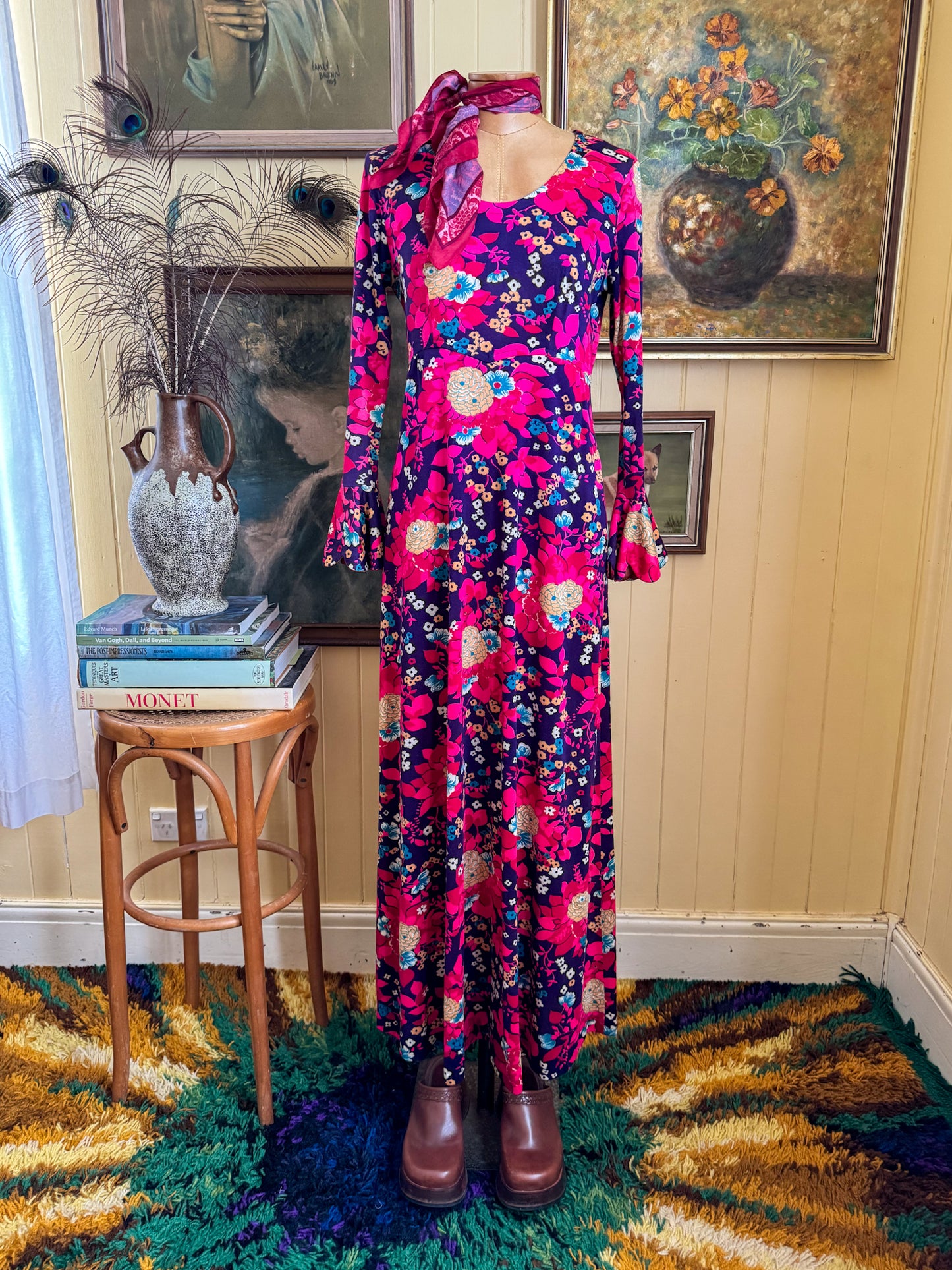 VINTAGE 1970S AMERICAN ACRYLIC FLORAL MAXI PRAIRIE DRESS S/M