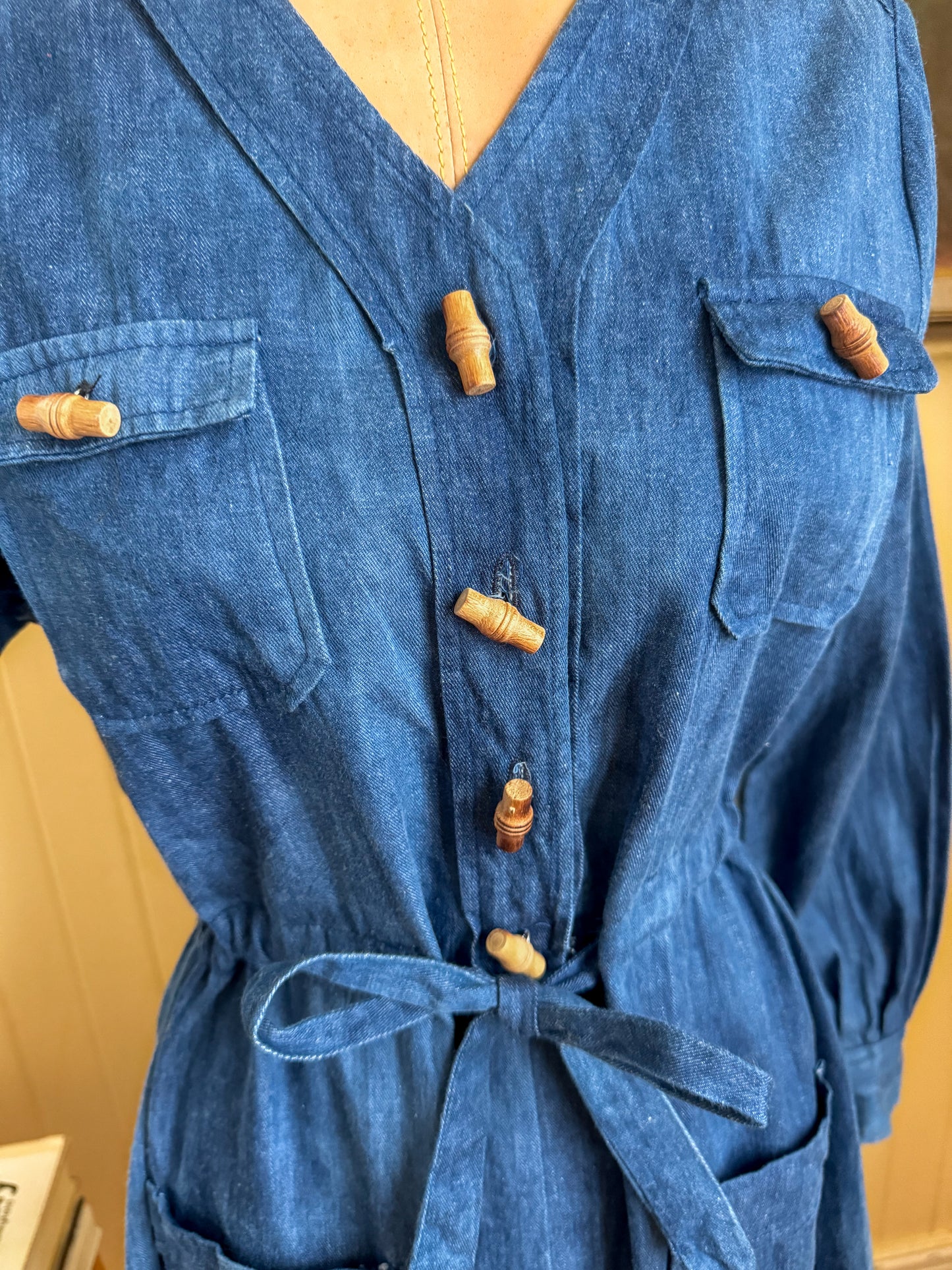 VINTAGE 1970S RENEY BLANT COTTON DENIM MIDI SHIRT DRESS S/M