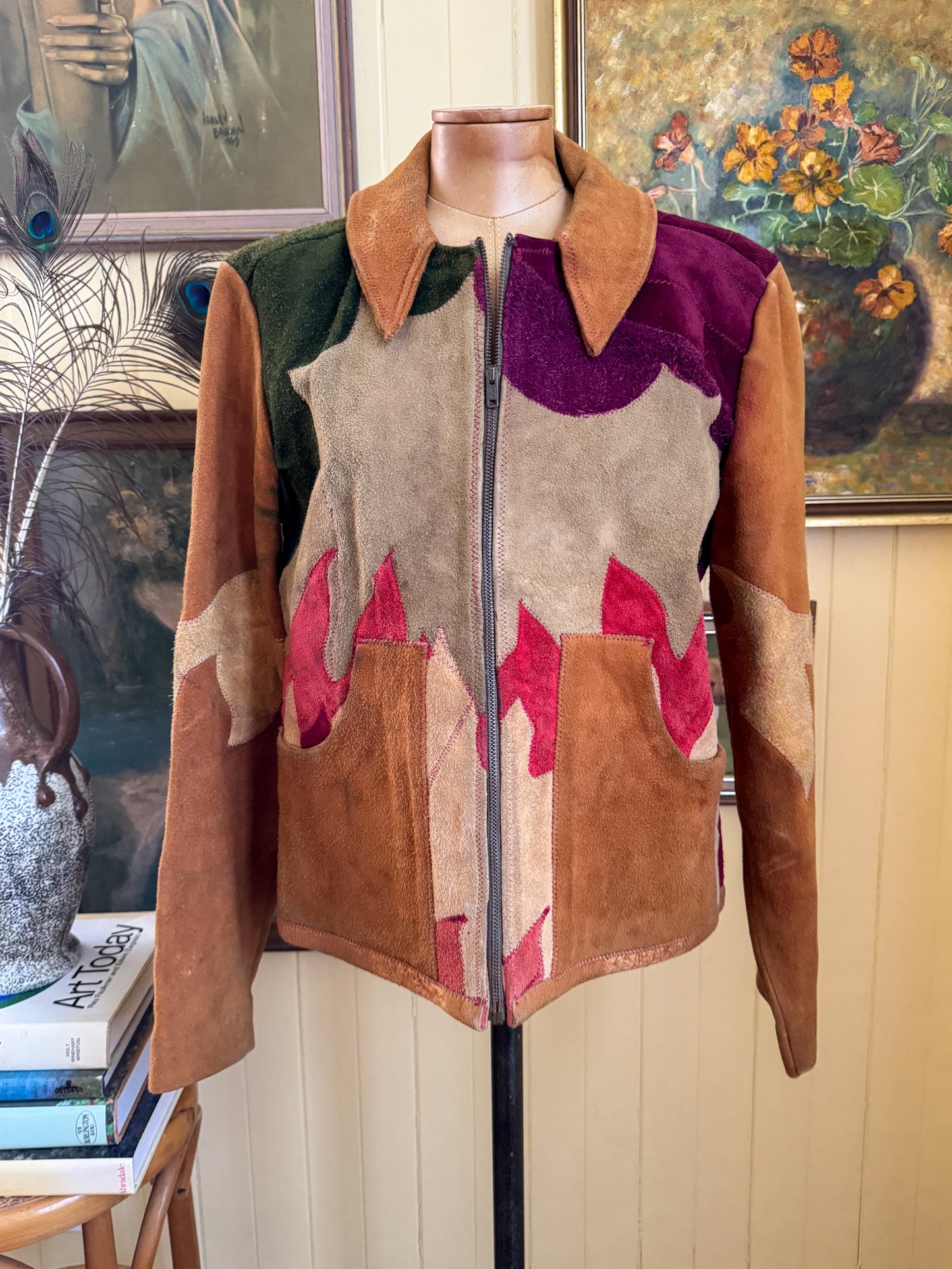 VINTAGE 1970S RARE BURRAY OLSON HAND PAINTED SUN PATCHWORK SUEDE LEATHER JACKET M