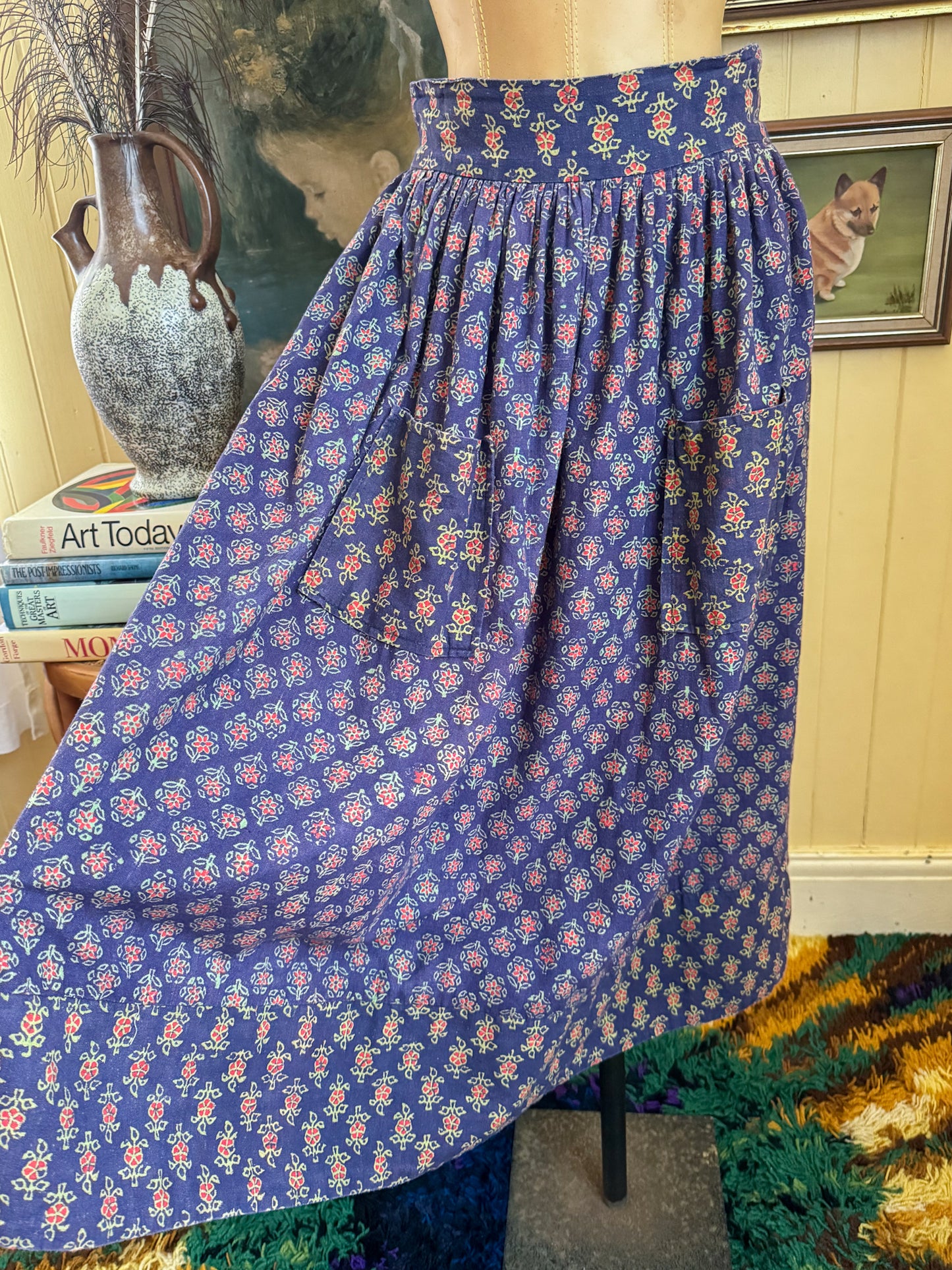 VINTAGE 1970S INDIAN COTTON BLOCK PRINT POCKET MIDI PEASANT SKIRT S