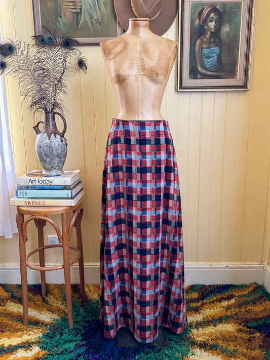 VINTAGE 1970S WOOL BLEND PLAID A-LINE MAXI SKIRT M