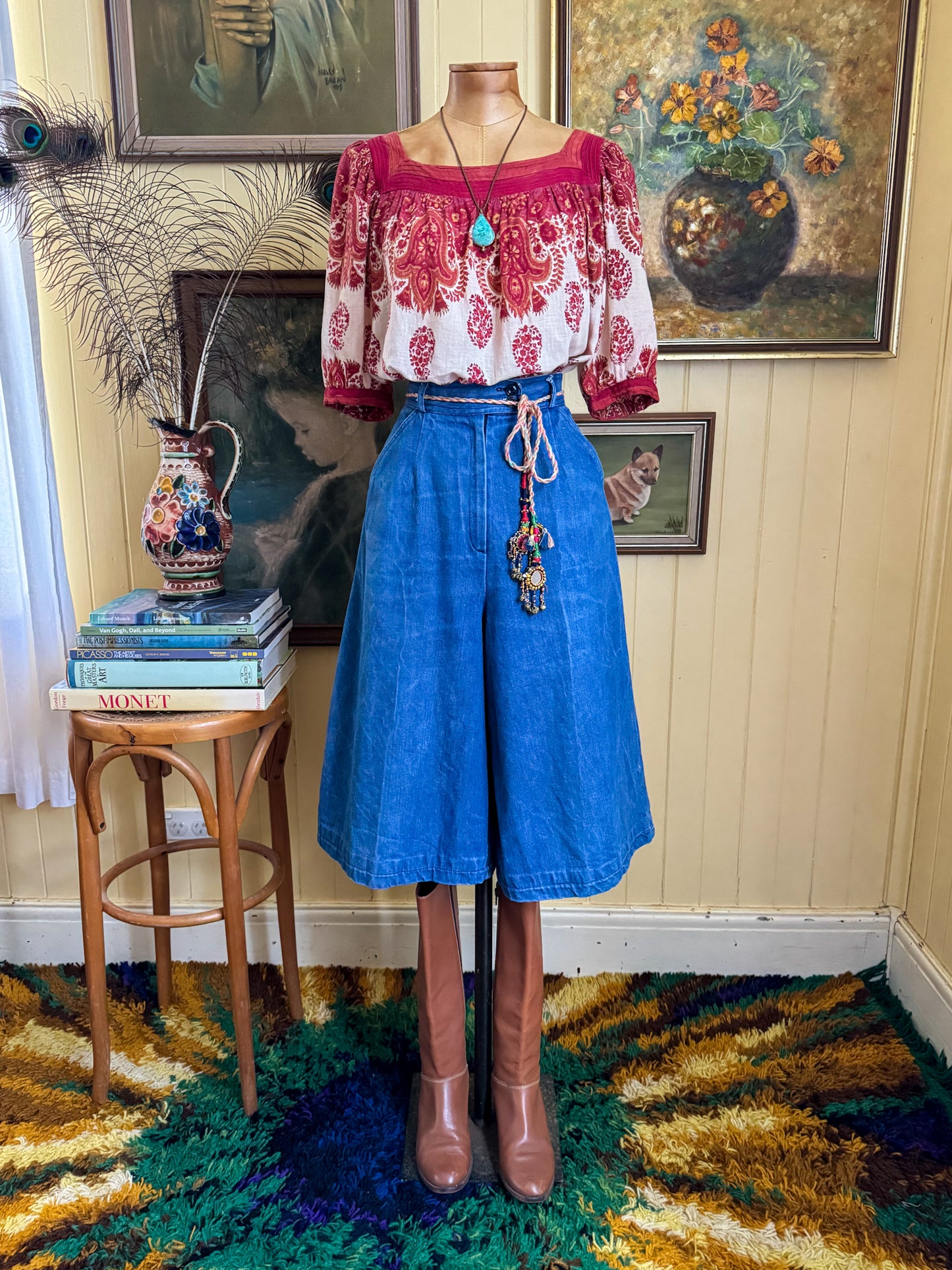 VINTAGE 1970S C&A COTTON DENIM SUPER HIGH WAIST WIDE LEG CULOTTES XS/S