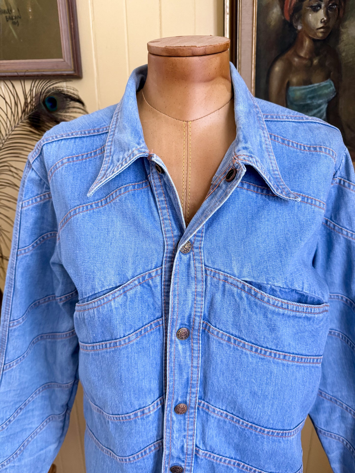 VINTAGE 1970S FADED GLORY COTTON DENIM CHEVRON SHIRT JACKET S/M