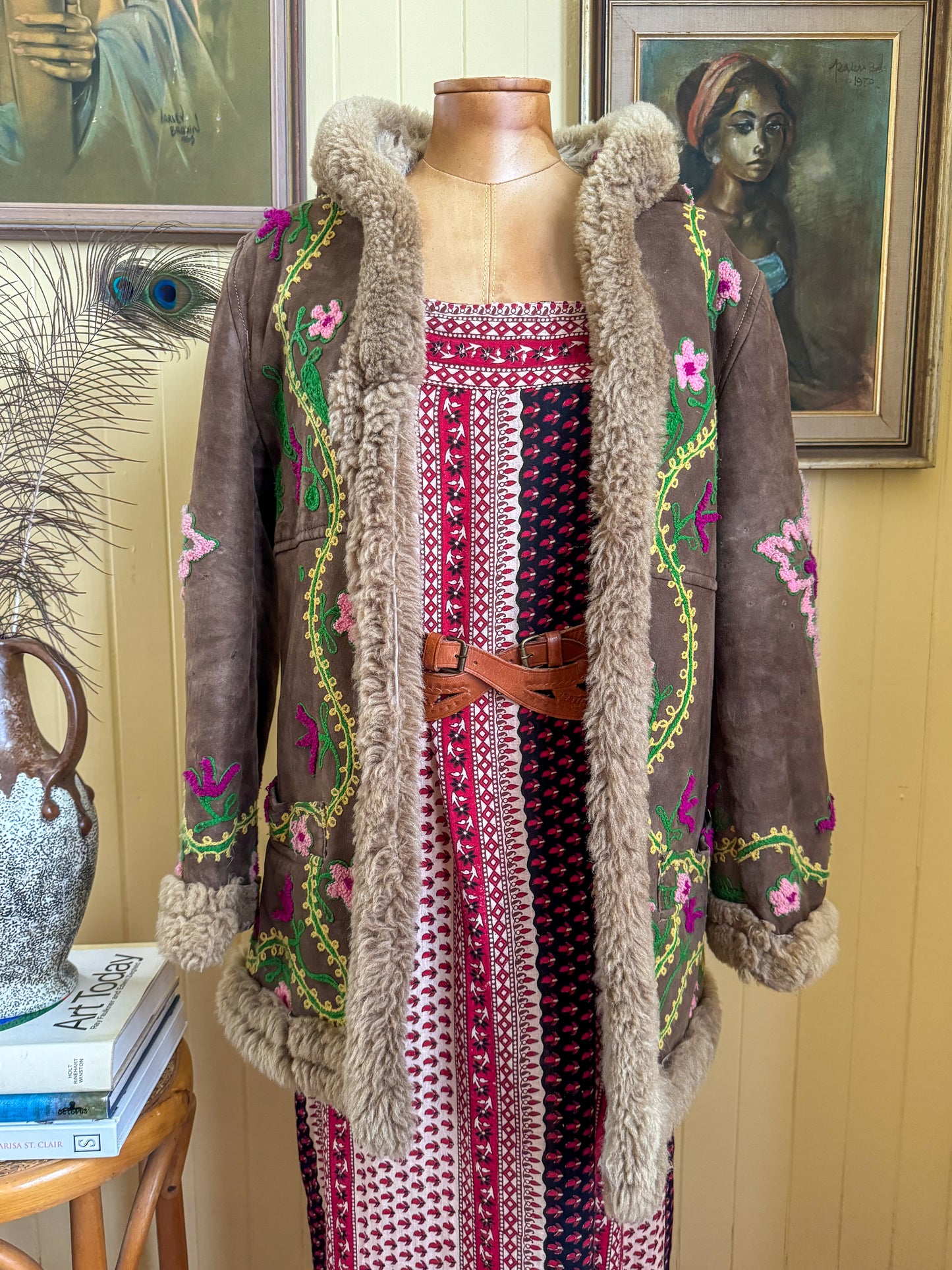 VINTAGE 1960S RARE YAQUB TURKISH SUEDE LEATHER SHEEPSKIN PENNY LANE EMBROIDERED COAT XS/S