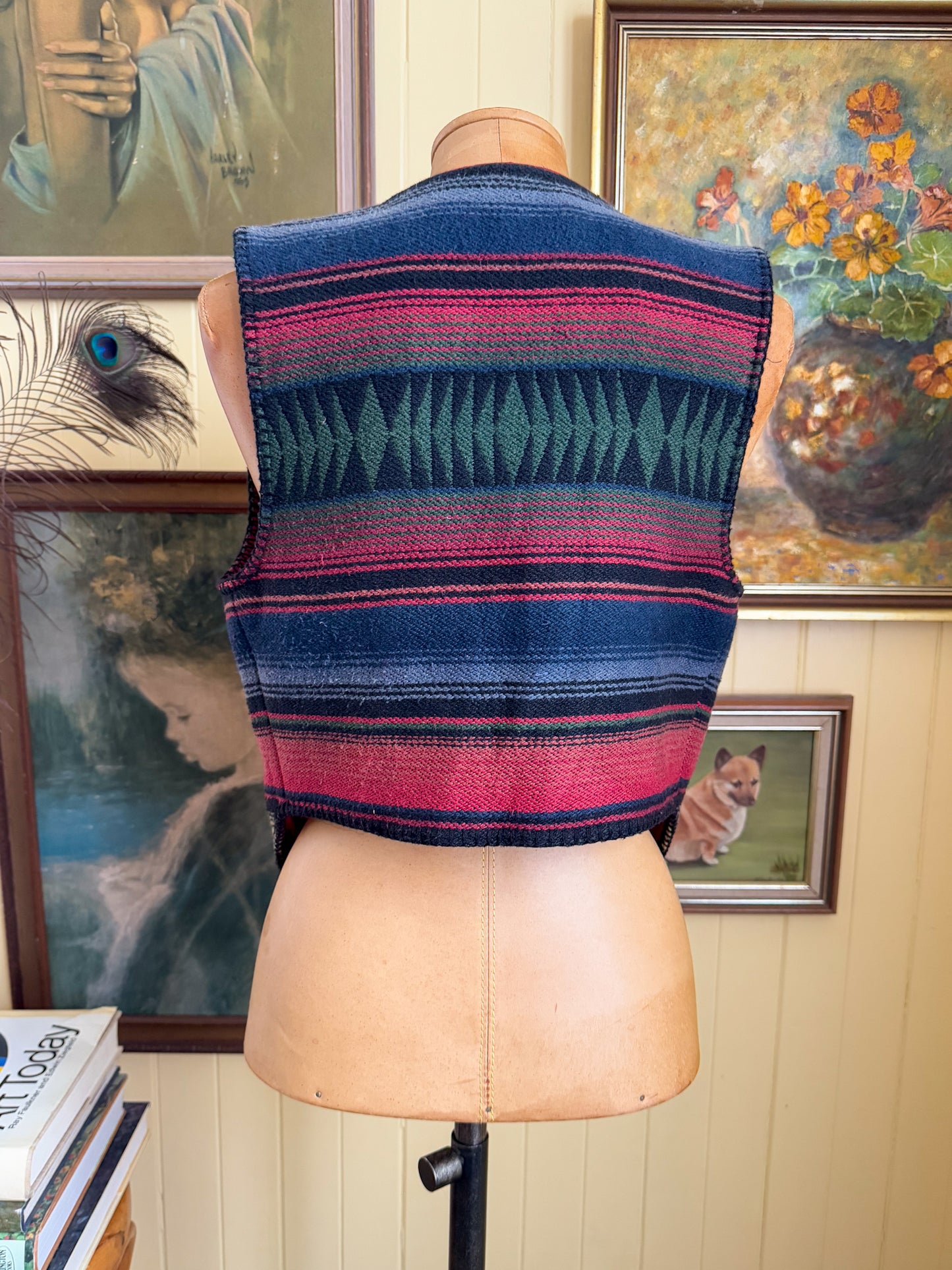 VINTAGE 1980S AMERICAN SHARON YOUNG COTTON SERAPE WOVEN CONCHO VEST S