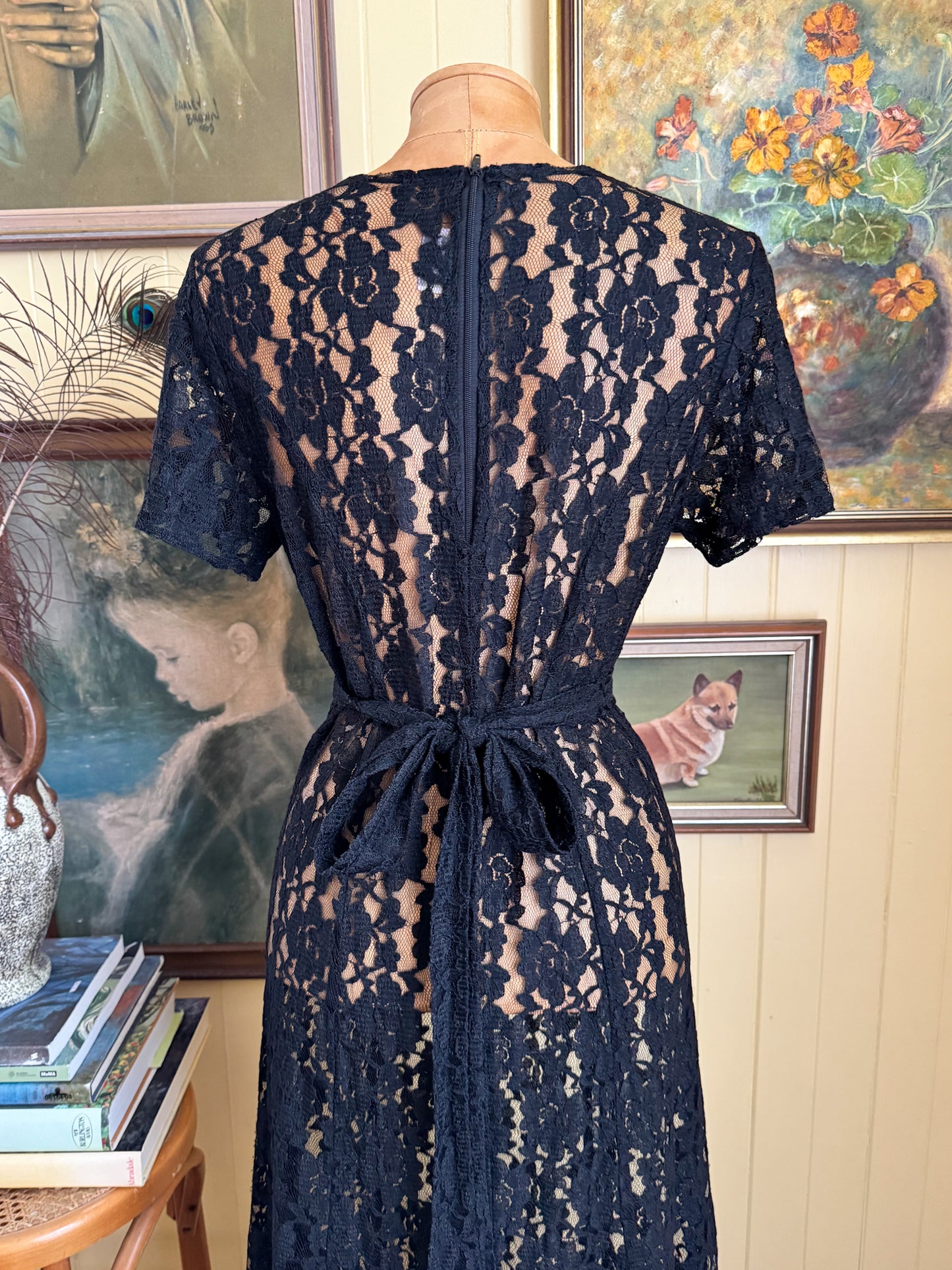 VINTAGE 1990S LOVE LOVE SHEER BLACK LACE WRAP FRONT MAXI DRESS S/M