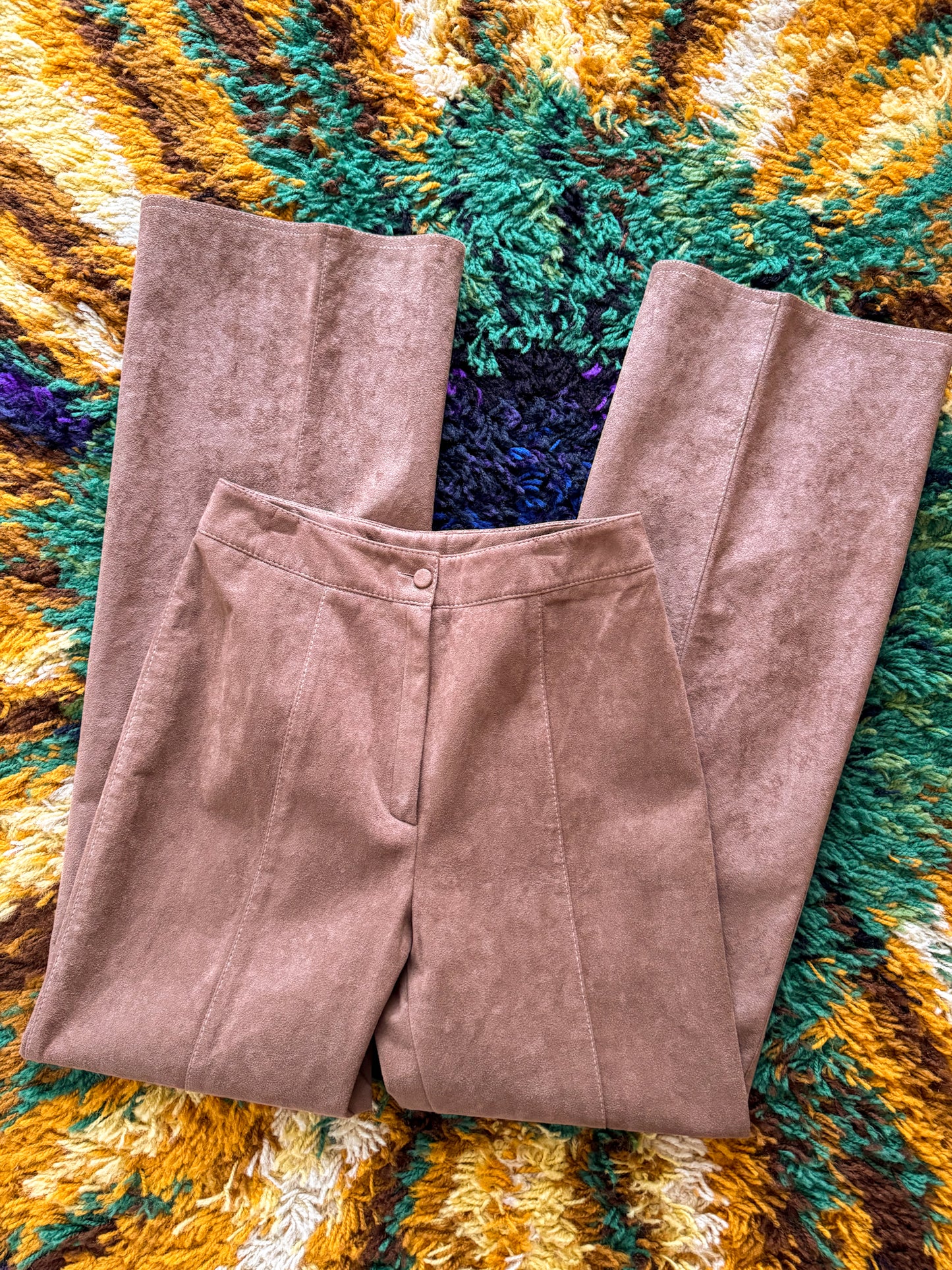 VINTAGE 1970S TULLO FAUX SUEDE HIGH WAISTED FLARED PANTS S