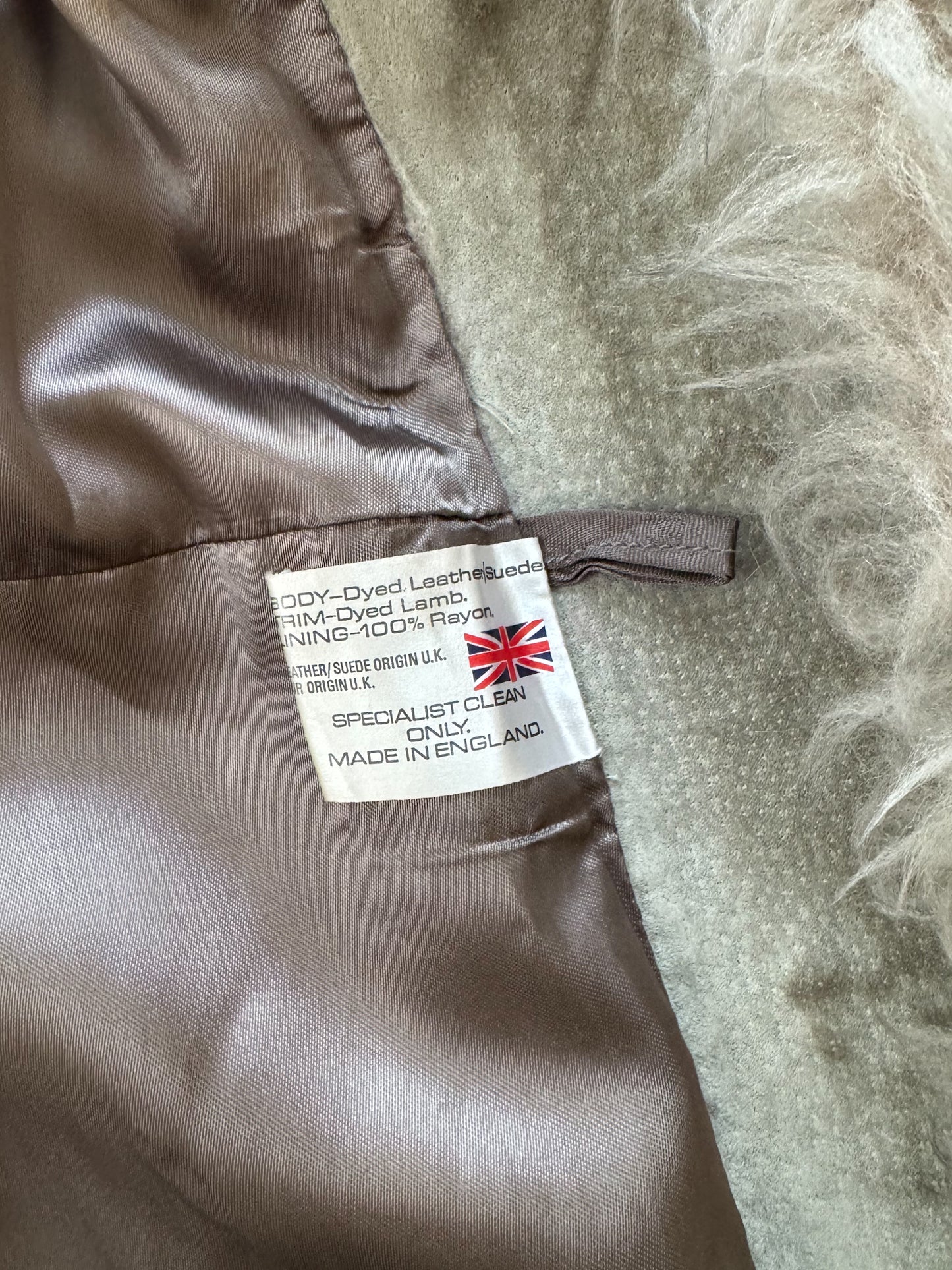 VINTAGE 1970S ENGLISH GREY SUEDE LEATHER SHEEPSKIN PENNY LANE COAT M