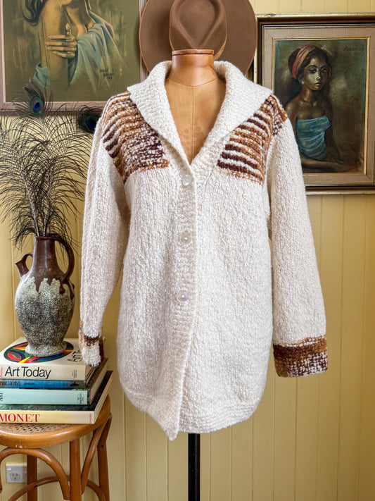 VINTAGE 1970S HAND KNITTED CHUNKY WOOL CARDIGAN COAT M