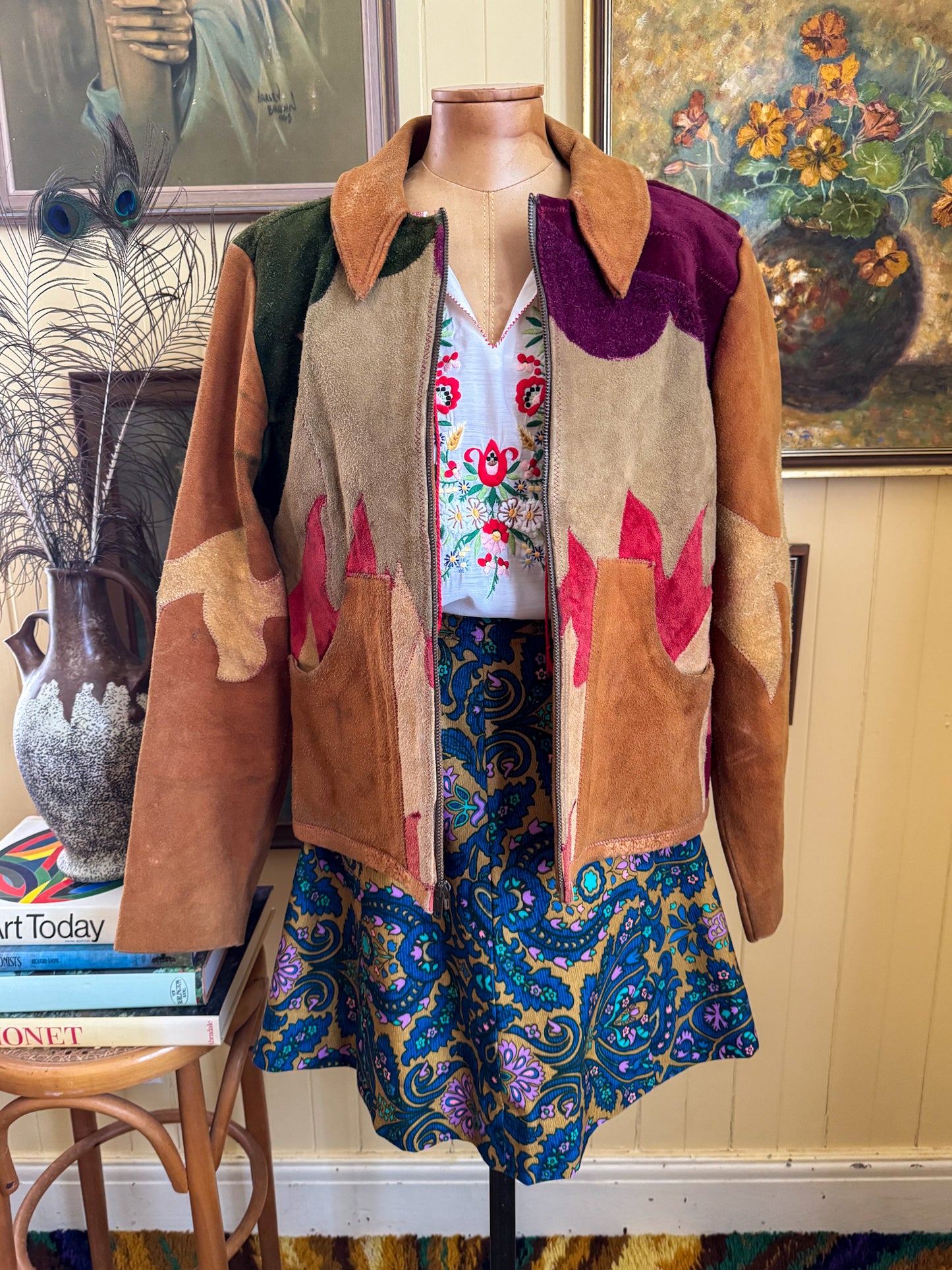 VINTAGE 1970S RARE BURRAY OLSON HAND PAINTED SUN PATCHWORK SUEDE LEATHER JACKET M