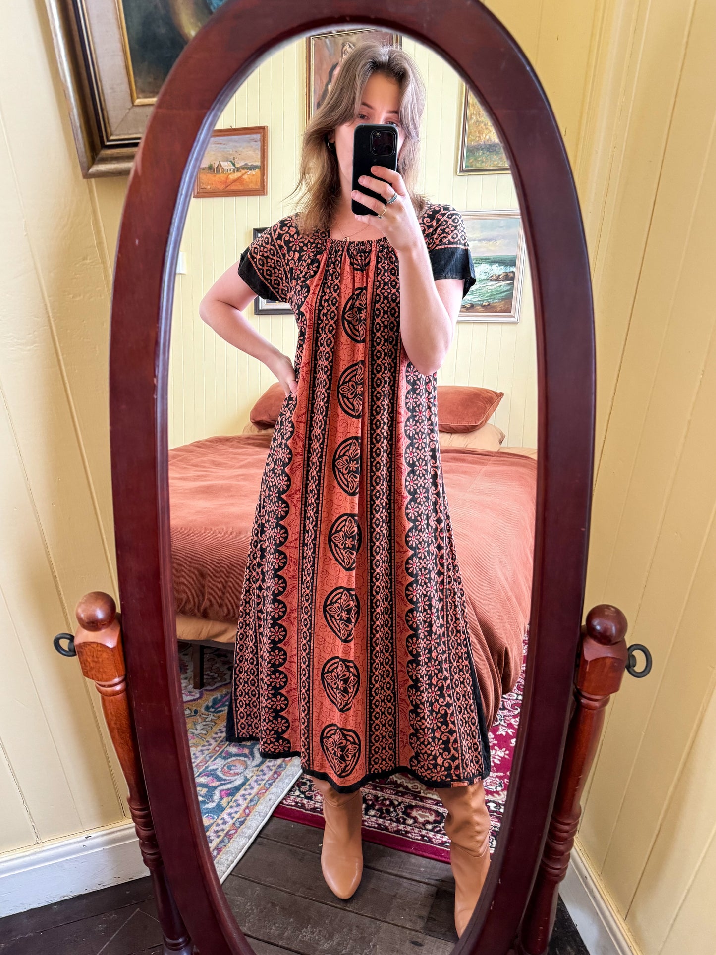 VINTAGE 1980S COTTON BATIK PRINT MAXI SMOCK DRESS M