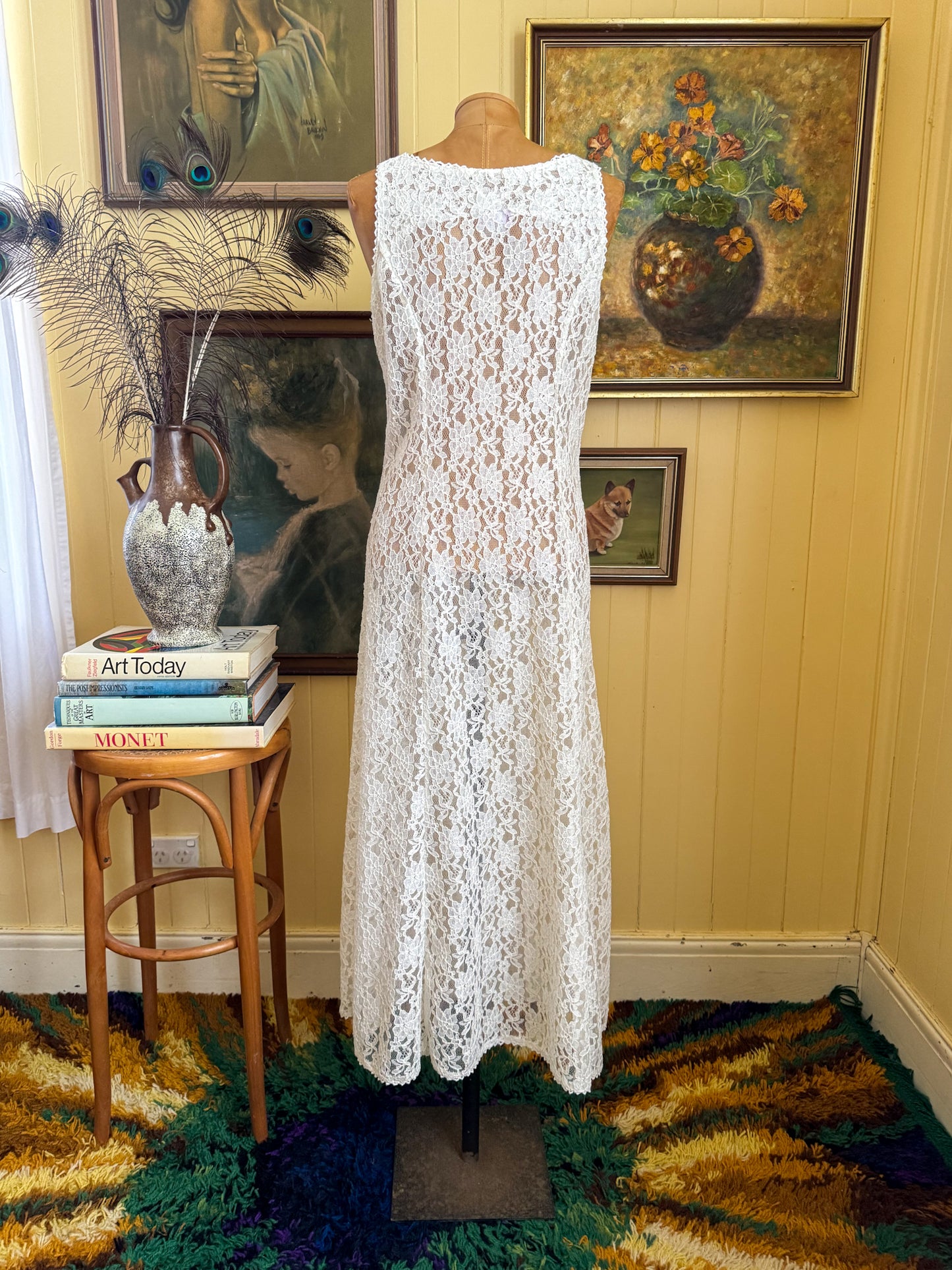 VINTAGE 1990S IVORY LACE SLEEVELESS MAXI DUSTER DRESS S