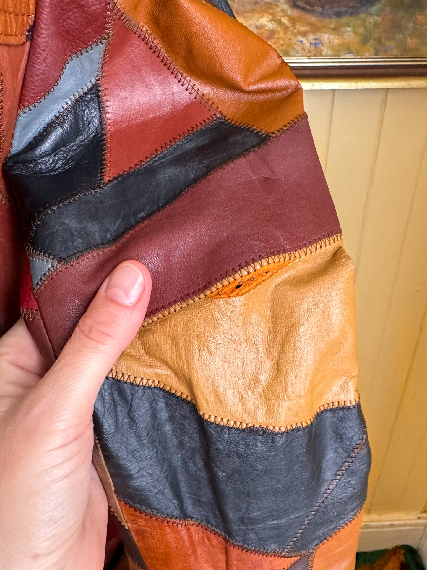 VINTAGE 1970S KOREAN PATCHWORK LEATHER BLAZER JACKET S/M