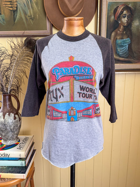 VINTAGE 1981 RARE STYX PARADISE THEATRE WORLD TOUR PRINT RAGLAN TSHIRT S