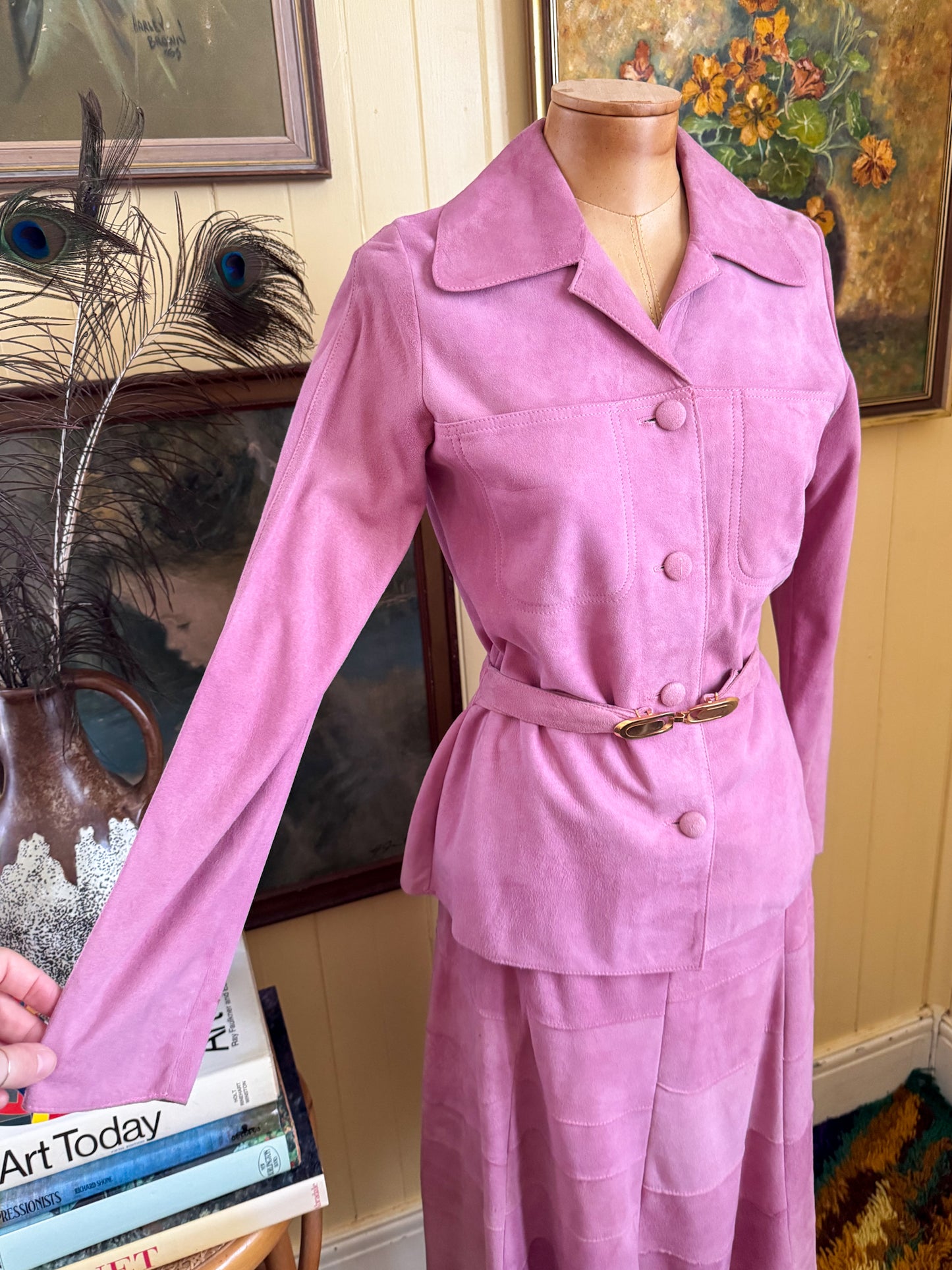 VINTAGE 1970S DRESKE SOMOFF PINK PATCHWORK SUEDE JACKET AND MIDI SKIRT SET XS