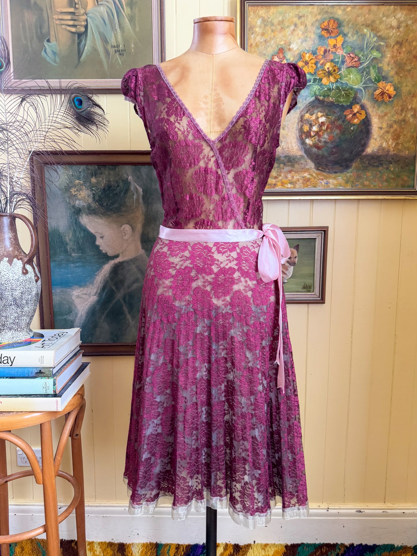 VINTAGE 1990S AUSTRALIAN REVIEW SHEER LACE TULLE RIBBON MIDI DRESS S