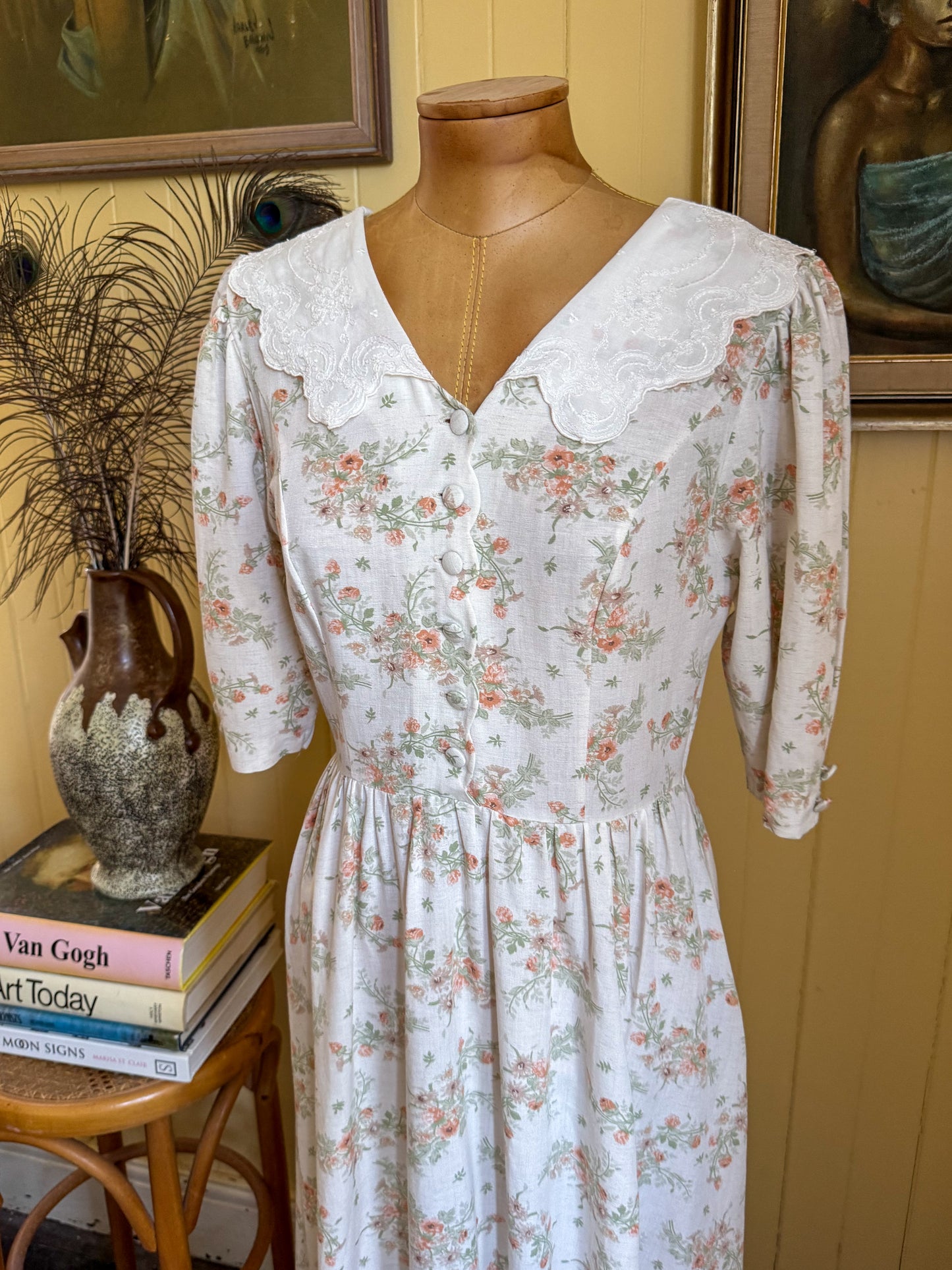 VINTAGE 1980S LAURA ASHLEY ENGLISH LACE COLLAR FLORAL PRINT PRAIRIE DRESS XS/S