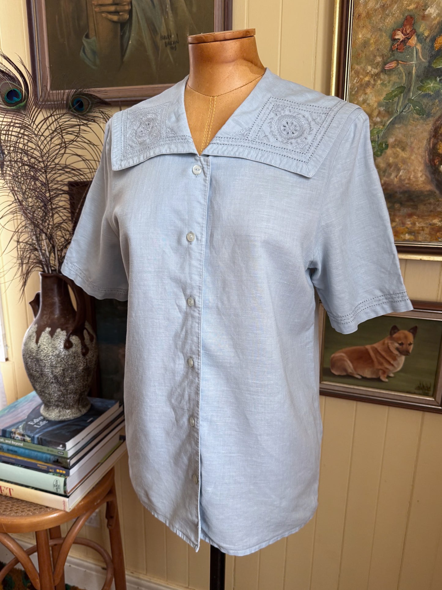 VINTAGE 1990S LAURA ASHLEY LINEN EMBROIDERED SAILOR COLLAR BLOUSE S/M