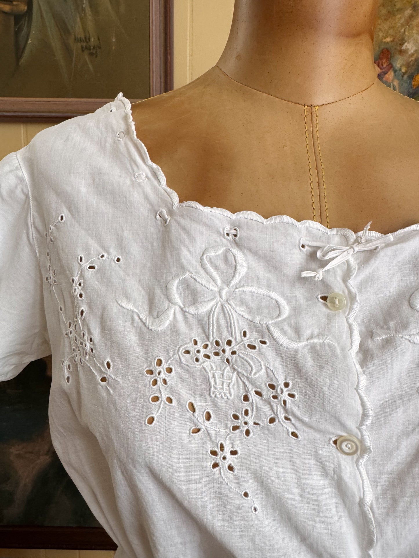 ANTIQUE EDWARDIAN COTTON MUSLIN EMBROIDERED CORSET COVER BLOUSE XS