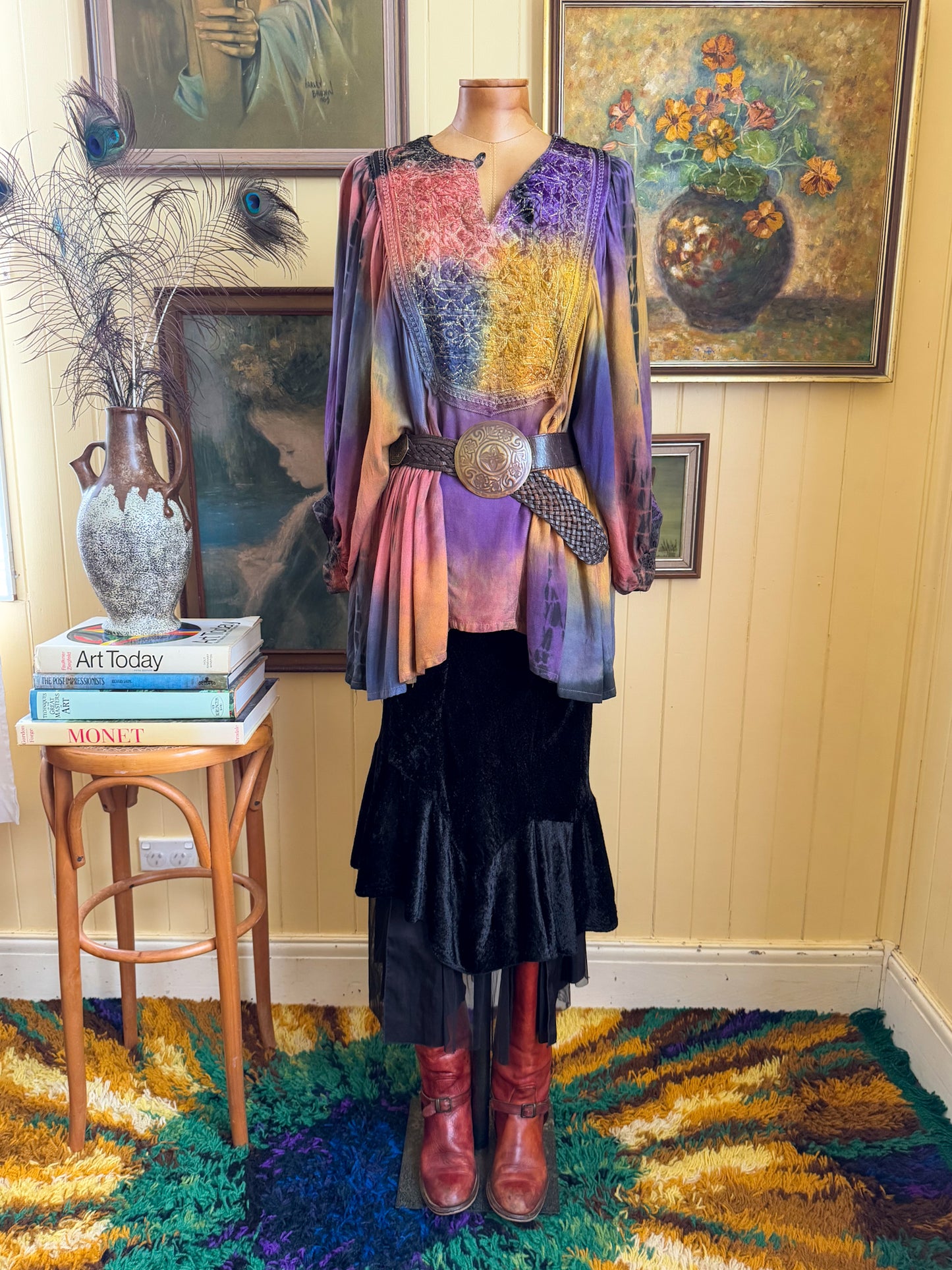 VINTAGE 1990S INDIAN VISCOSE TIE-DYE EMBROIDERED BALLOON SLEEVE TUNIC BLOUSE M