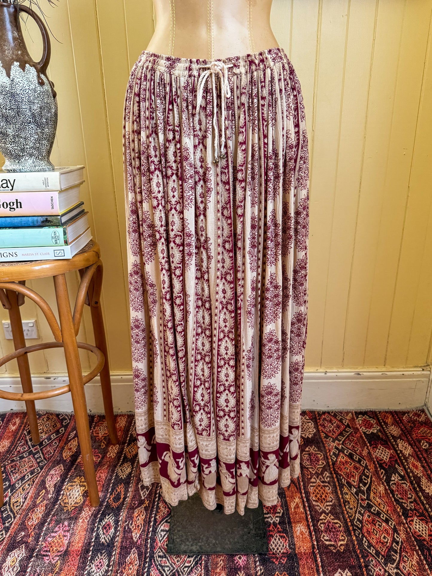 VINTAGE 1980S O.P.C. INDIAN RAYON GAUZE BROOMSTICK MIDI SKIRT M